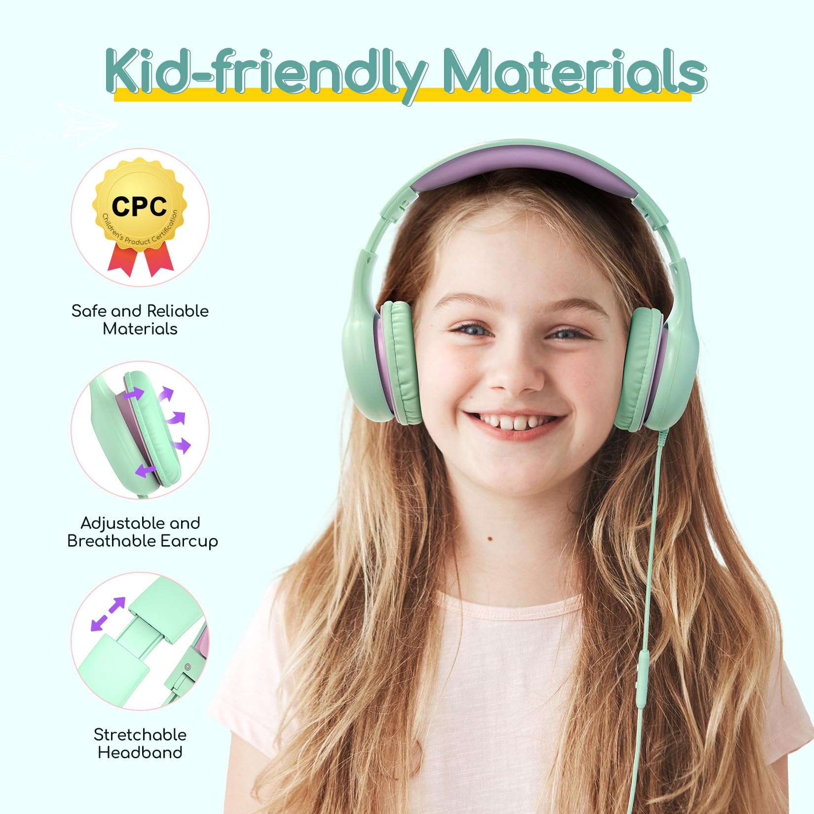 EarFun K1 Kids Headphones Wired with Microphone, 85/94dB Volume Limit Headphones for Kids, Portable Wired Headphone with Shareport, Stereo Sound Foldable Headset for School/Tablet/iPad, Black Red