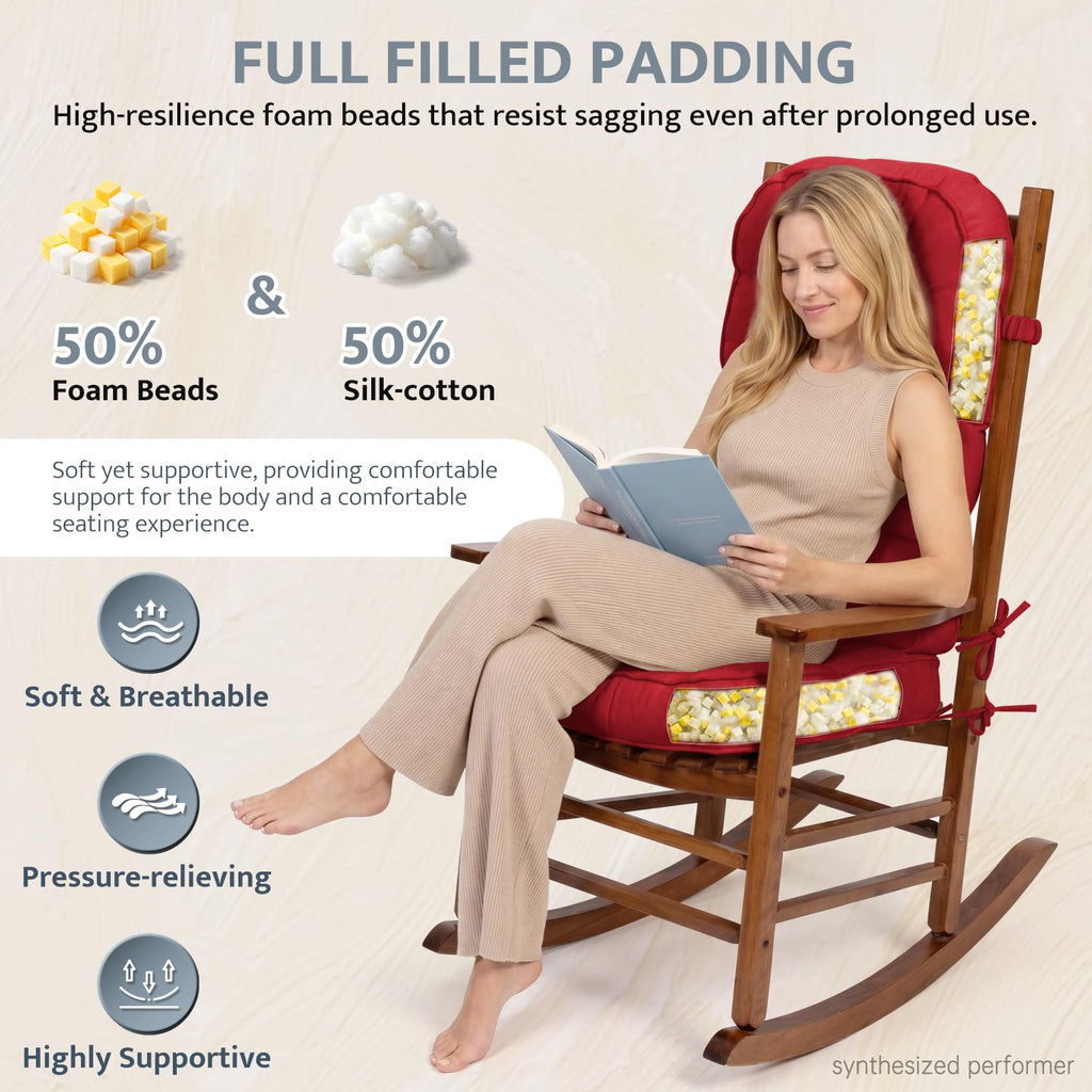 mudilun Rocking Chair Cushion - Non-Slip Tufted 4-Inch Thickened Rocking Chair Cushions with Ties Indoor/Outdoor Wooden Rocking Chair Pad for Living Rooms, Bedrooms, and Balconies