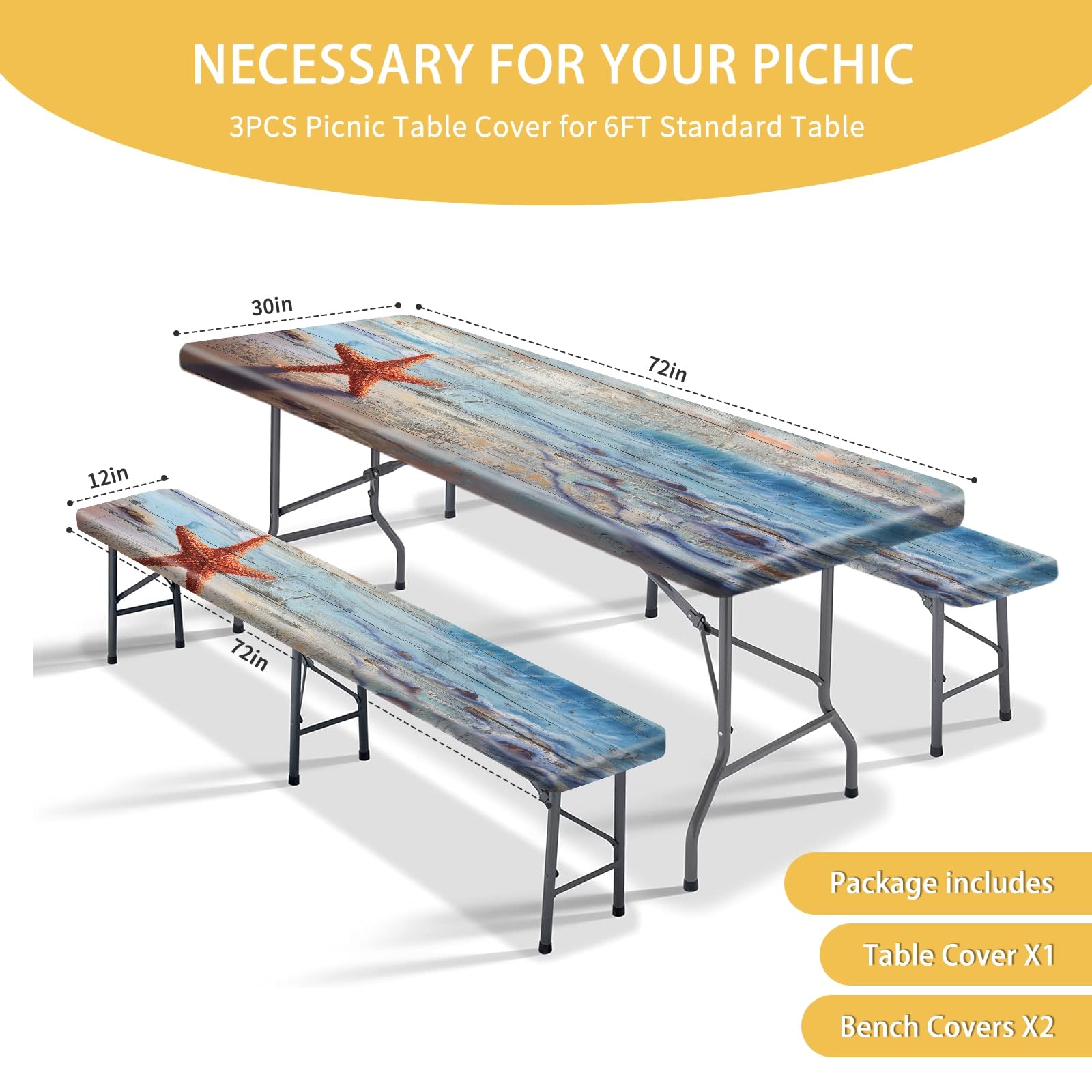 Park Picnic Table Cover with Bench Covers Lightweight Camping Essentials, Oil-Proof Waterproof 3PCS Tablecloth with Elastic, Fitted for Table 6FT Rectangle and Seats, American Flag Eagle (72x30in)