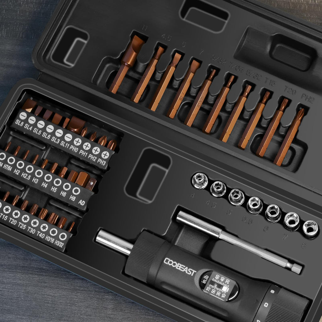 coobeast 13Pcs Preset Torque Screwdriver with S2 Bits, 1/4” Drive Torque Wrench Screwdriver Set for Maintenance, Tools, Bike Repairing and Mounting, Inch Pound Torque Range 10-70 In-lb