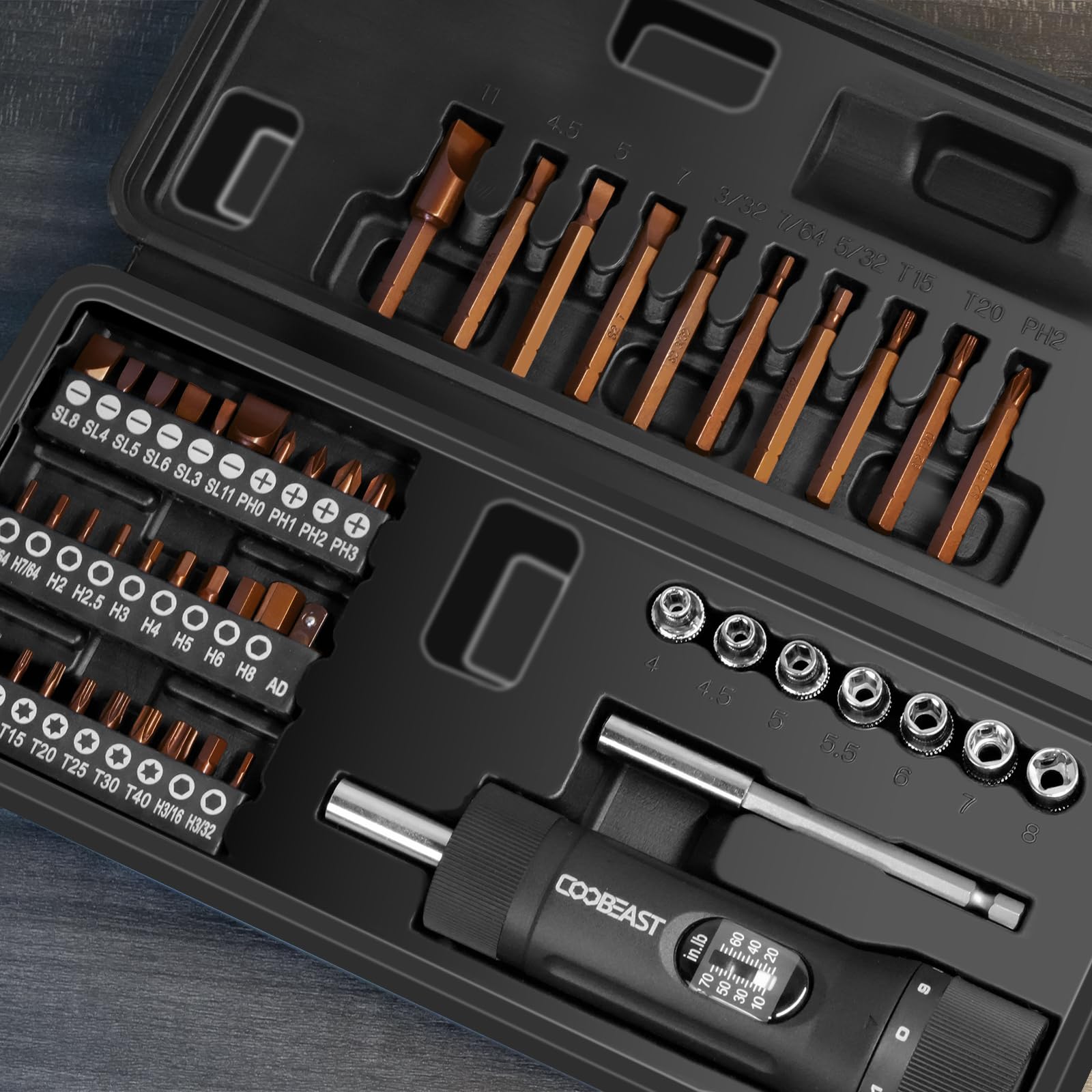 coobeast 13Pcs Preset Torque Screwdriver with S2 Bits, 1/4” Drive Torque Wrench Screwdriver Set for Maintenance, Tools, Bike Repairing and Mounting, Inch Pound Torque Range 10-70 In-lb