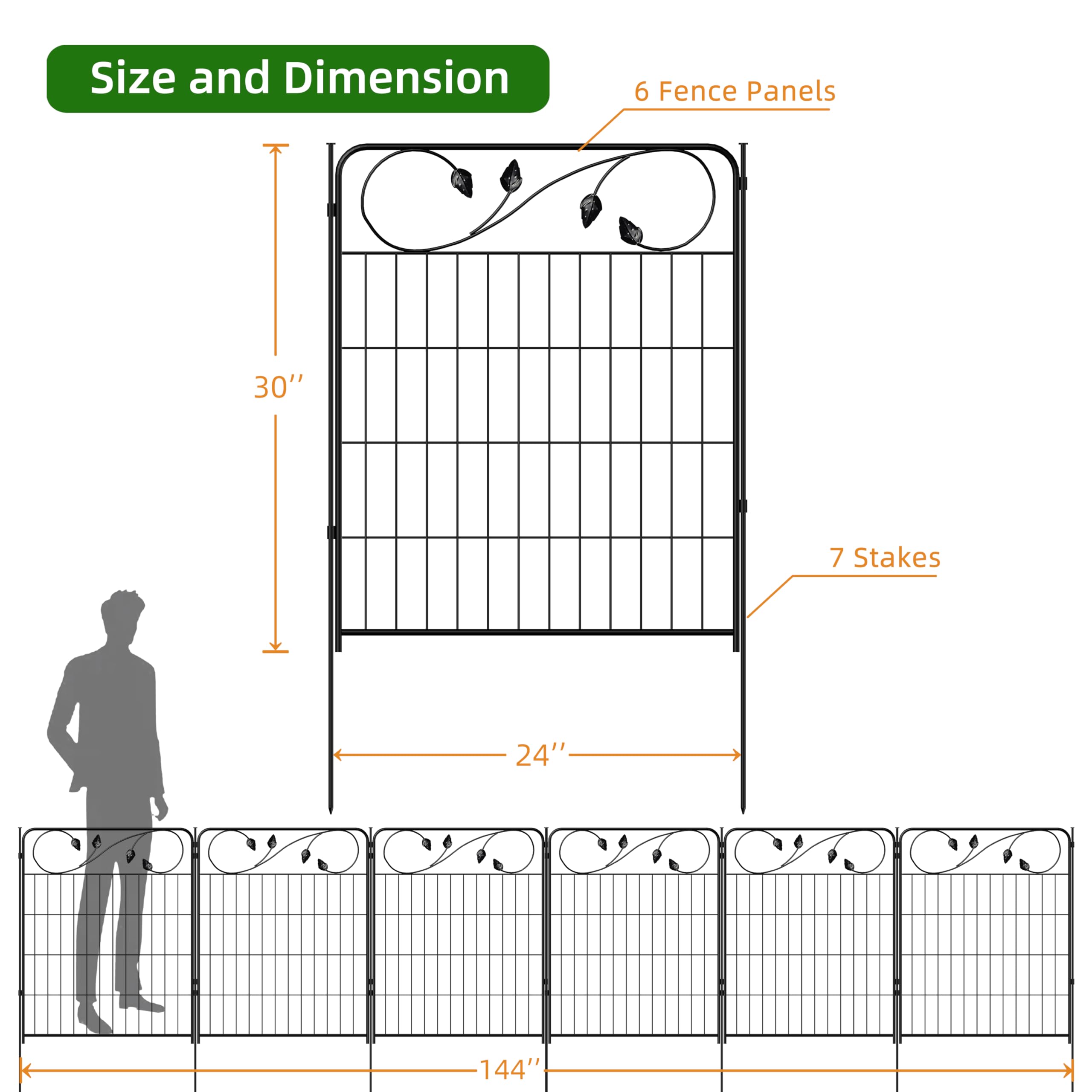 FOREHOGAR Decorative Metal Garden Fence 24in(H) X10ft(L) 5 Panels Leaf Black Rustproof Wire Border Fence for Landscape Patio Flower Bed Garden Fencing Panel Animal Barrier for Dogs