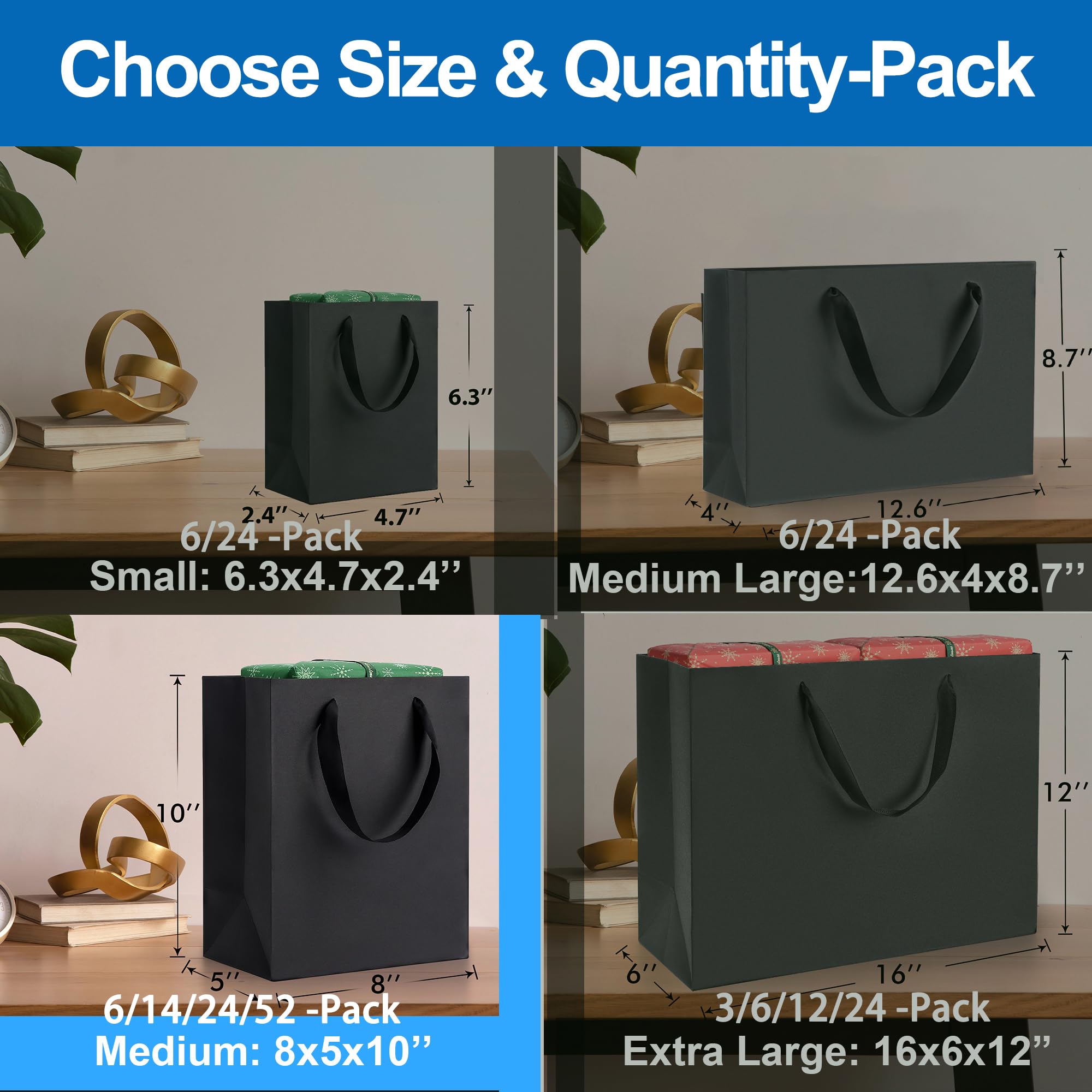 Argivean Black Gift Bags With Handles: 14pcs Medium Gift Bags Bulk 8x5x10 Inch For Wedding Party Birthday Business (M,14)