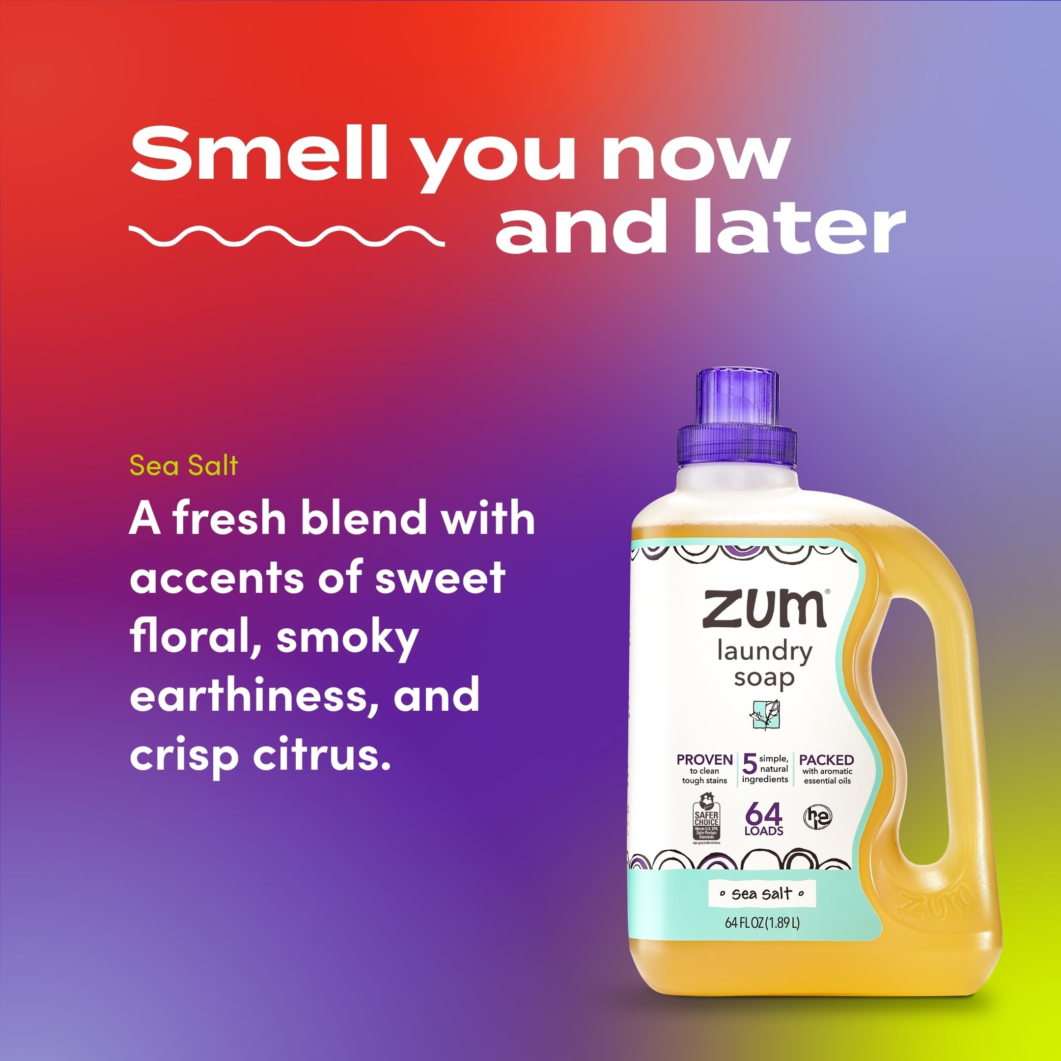 Indigo Wild Zum Clean Laundry Soap - Plant-Based Liquid Laundry Soap - Contains Baking Soda, Essential Oils & Saponified Coconut Oil - Sea Salt Scent - 64 fl oz
