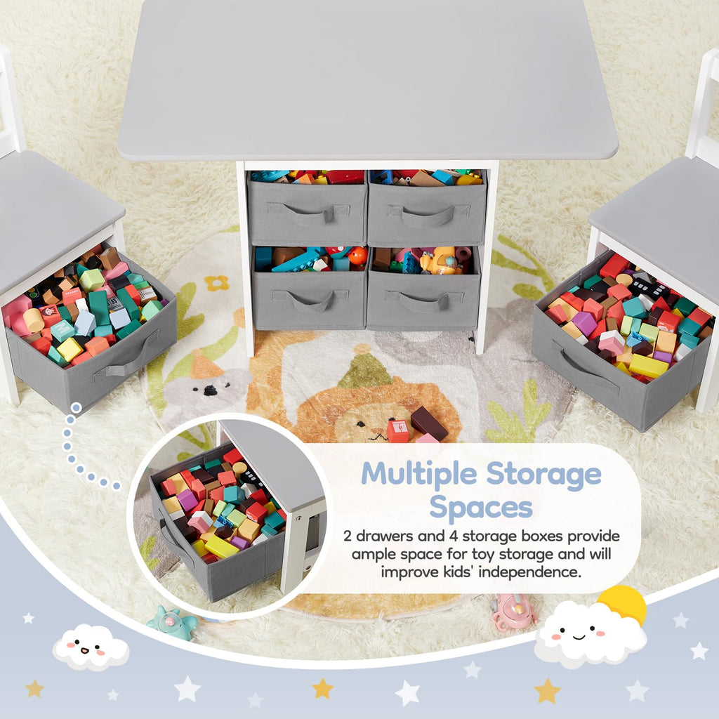 Kids Table and Chair Set (2 Chairs Included), Wooden Toddler Desk Group with 6 Storage Bins Boxes, Children's Furniture, Water Resistant (Gray)