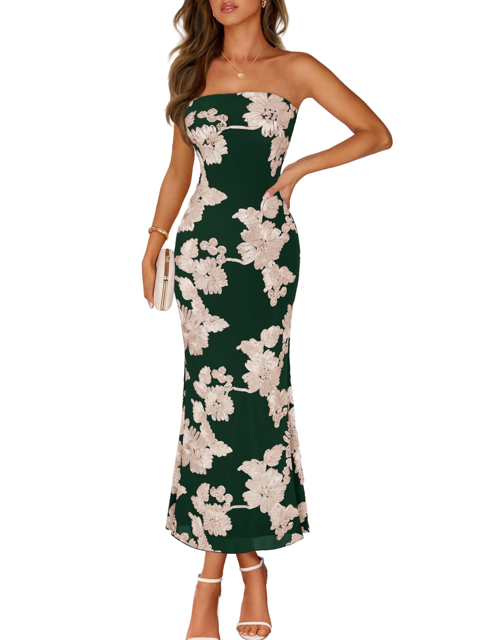 MEROKEETY Women's Floral Strapless Maxi Dress 2026 Summer Mesh Tube Bodycon Formal Wedding Guest Cocktail Party Long Dresses