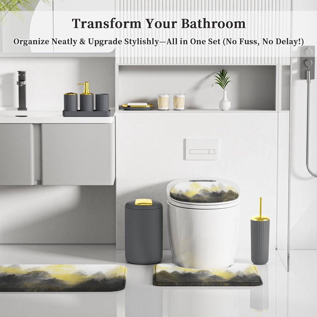 XLHOMO 24 PCS Black Bathroom Accessories Set with Shower Curtain and Rugs, Bathroom Decor Set with Trash Can, Toilet Brush, Soap Dispenser, Toothbrush Holder, Tumbler, Soap Dish and Jars