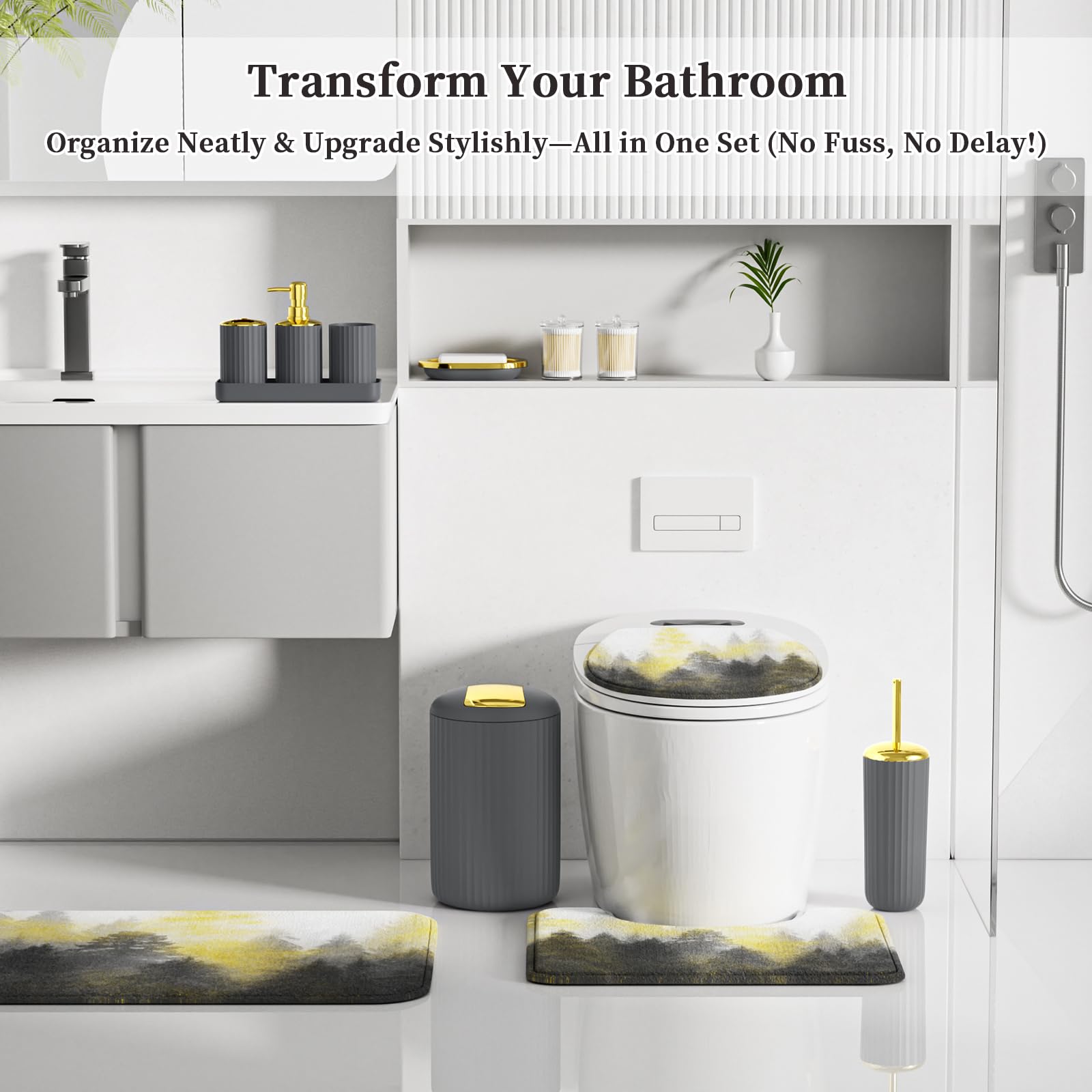 XLHOMO 24 PCS Black Bathroom Accessories Set with Shower Curtain and Rugs, Bathroom Decor Set with Trash Can, Toilet Brush, Soap Dispenser, Toothbrush Holder, Tumbler, Soap Dish and Jars