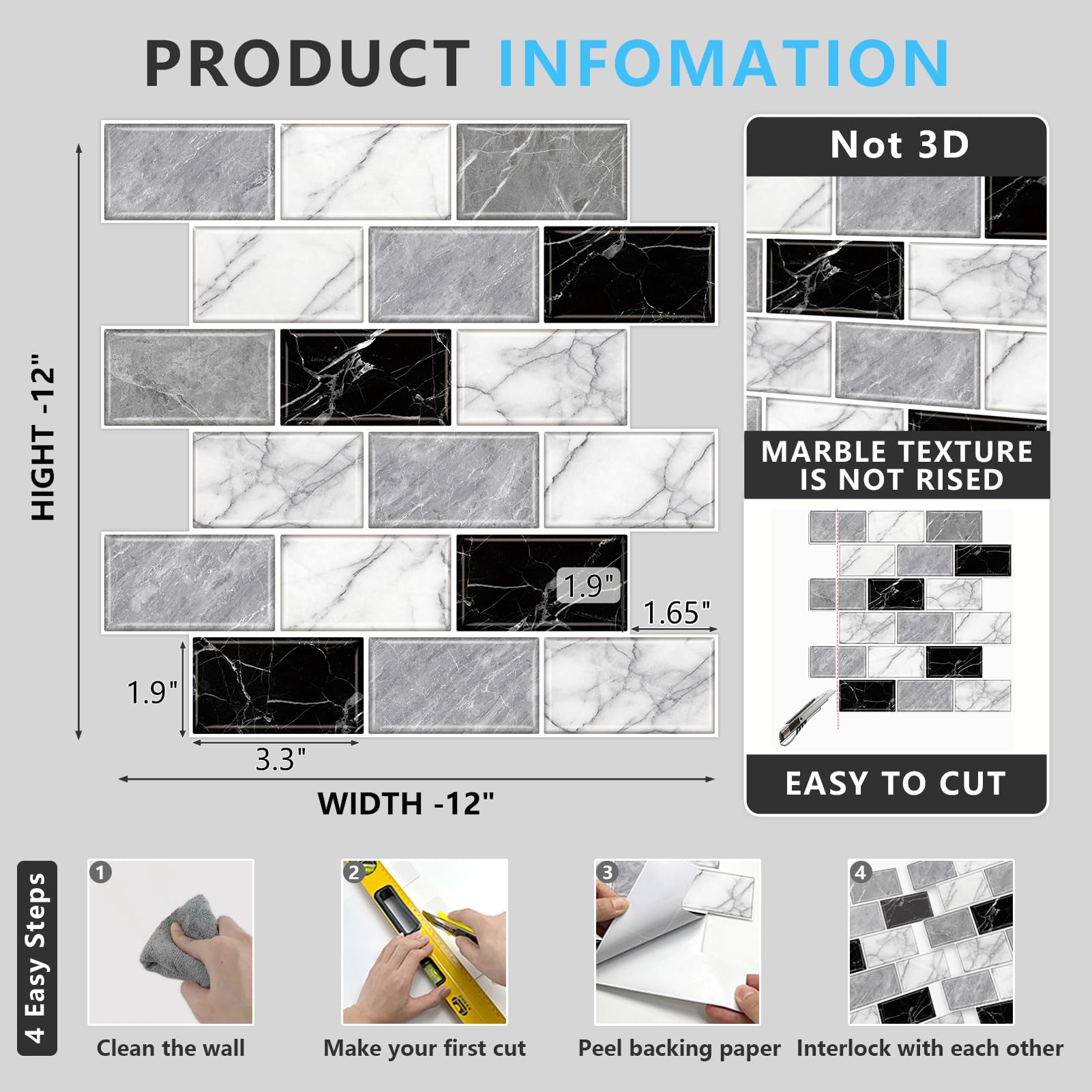 URCOLOR 10-Sheet Back Splashes for Kitchens Peel and Stick,12"x12" Self Adhesive Subway Wall Tiles Stick on backsplash Tiles for Bathroom Black Marble