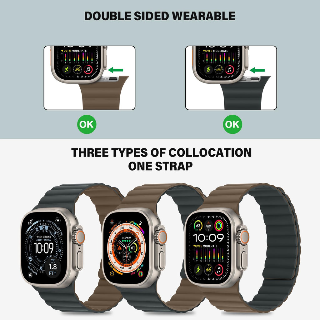 Bisikor Compatible with Apple Watch Band 49 46 45 44 42 41 40 38mm, Double Sided Wearable Silicone Magnetic Strap for iWatch Ultra SE Series 11 10 9 8 7 6 5 4 3 2 1 (38/40/41/42, Beige/Gray)