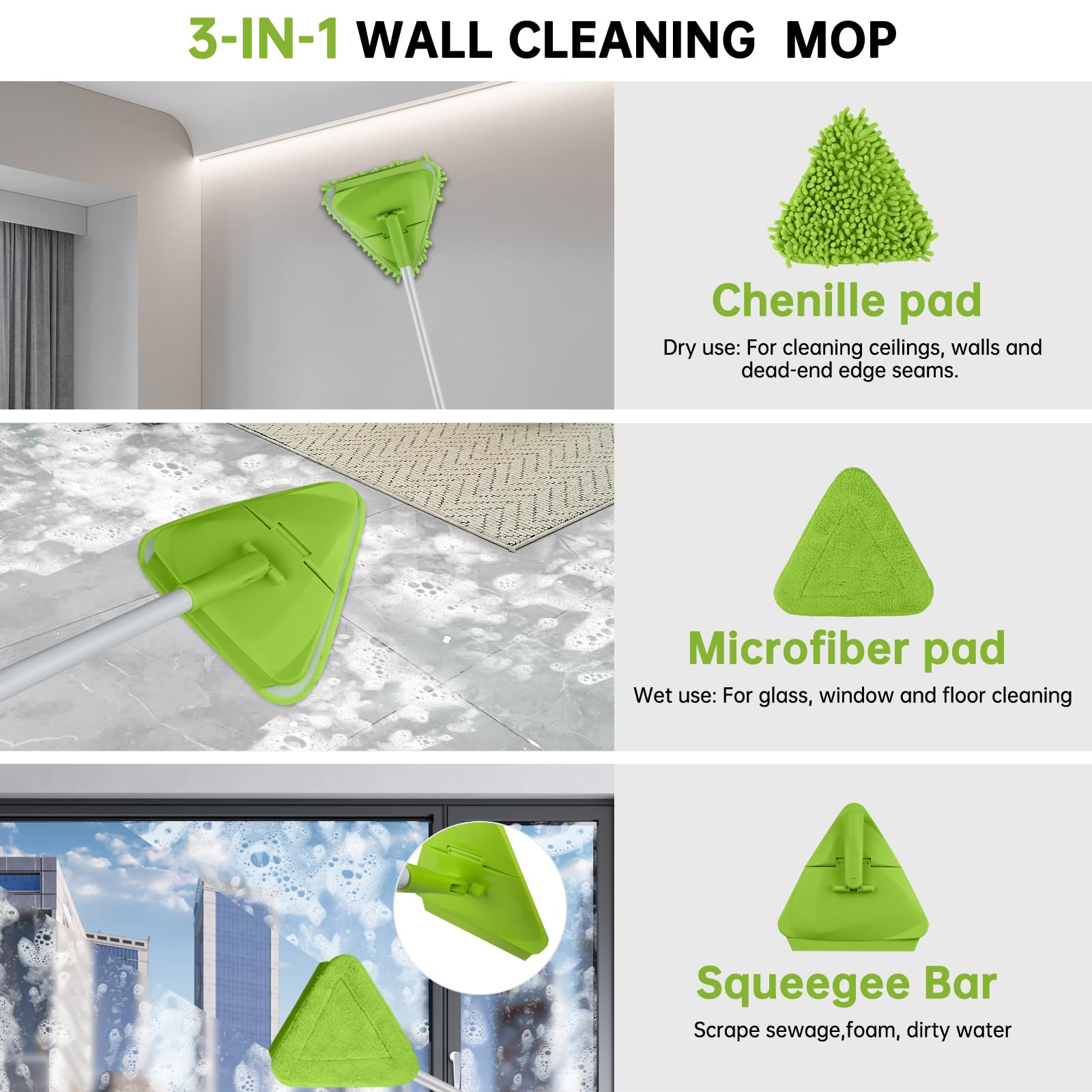 Wall & Baseboard Cleaner Mop Tool with 82'' Long Handle, 360 Degree Rotating 3-in-1 Ceiling Cleaning Tool Duster for Cleaning Painted Walls, Window, Floor, 6 Replacement Microfiber Chenille Pads