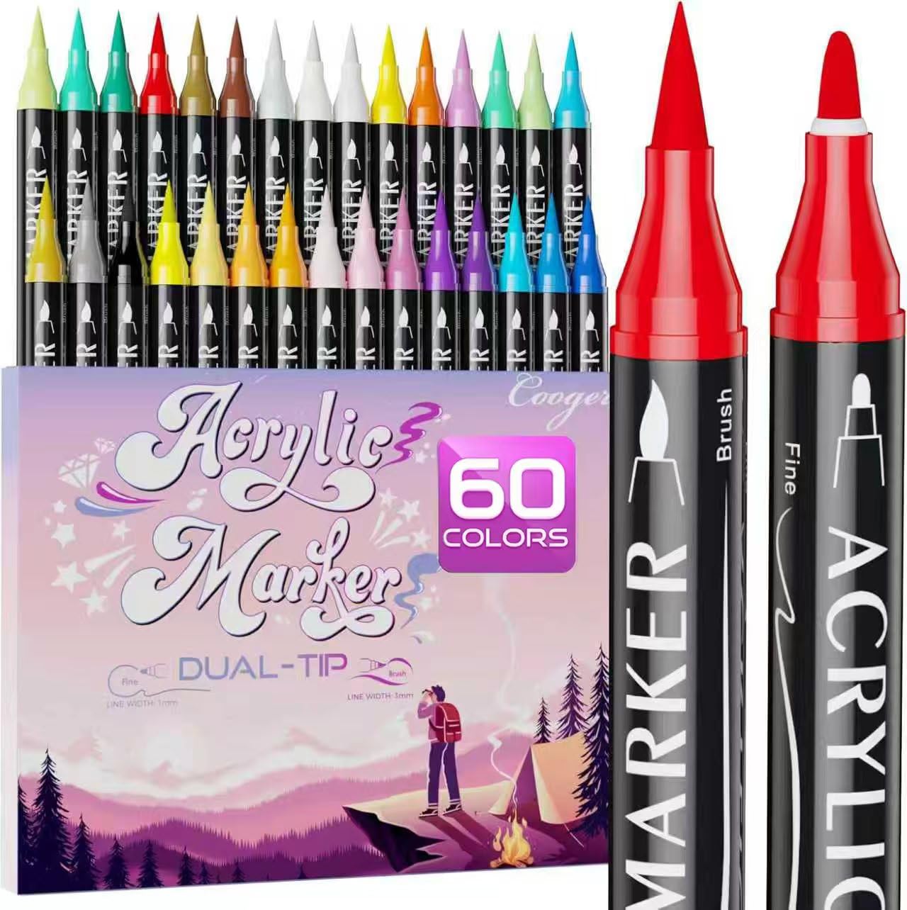 24 Colors Dual Tip Acrylic Paint Markers,Fine Tip and Brush Tip Permanent Acrylic Paint Pens For Rock Painting, Canvas, Wood, Glass, Ceramic, Fabric, Plastic, Egg, Scrapbook,Art Painting Supplies Kit