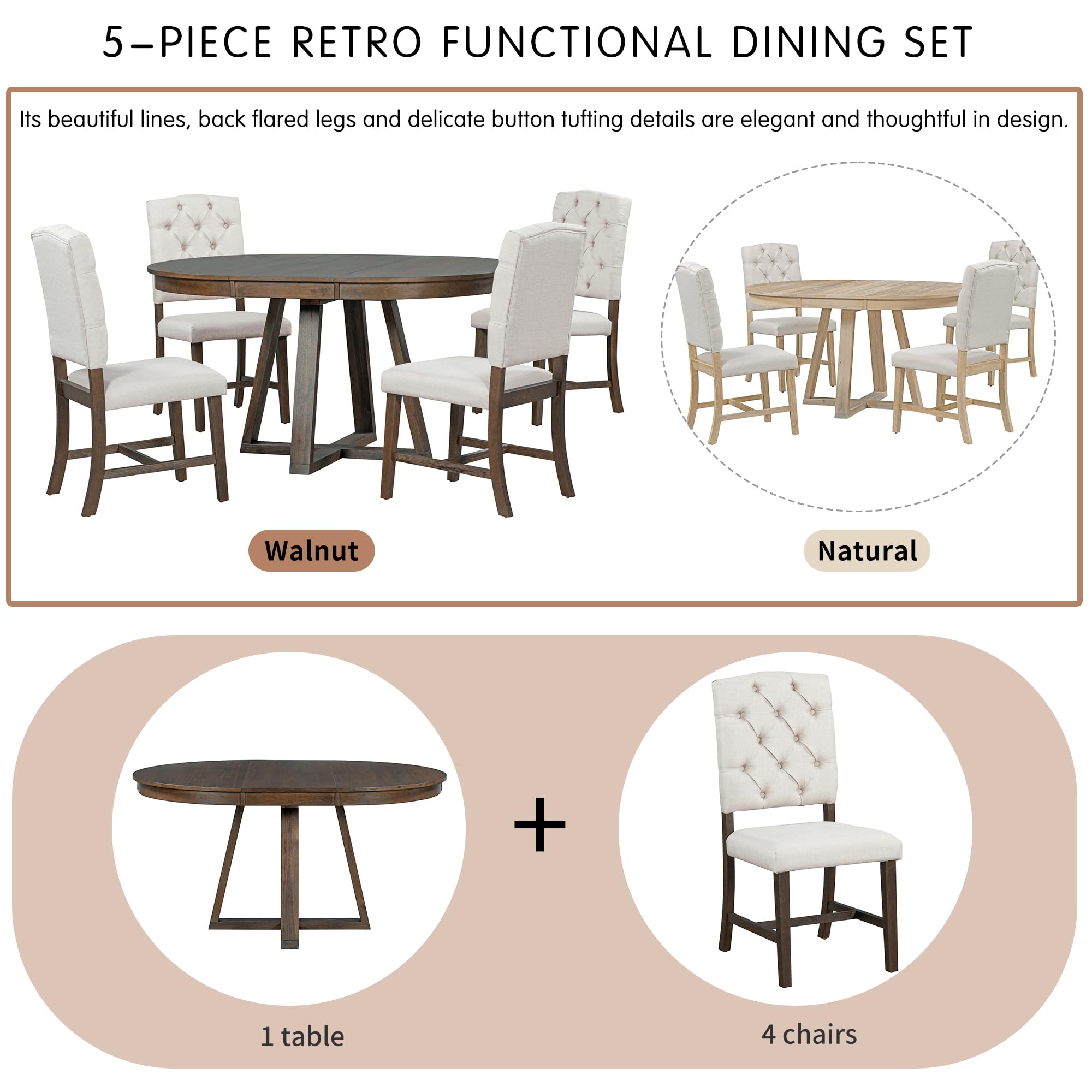 LUMISOL 5-Piece Dining Table Set for 4, Farmhouse Round Kitchen Table Set with Special Shaped Legs and 4 Upholstered Chairs for Kitchen, Dining Room, Small Space, Antique Blue
