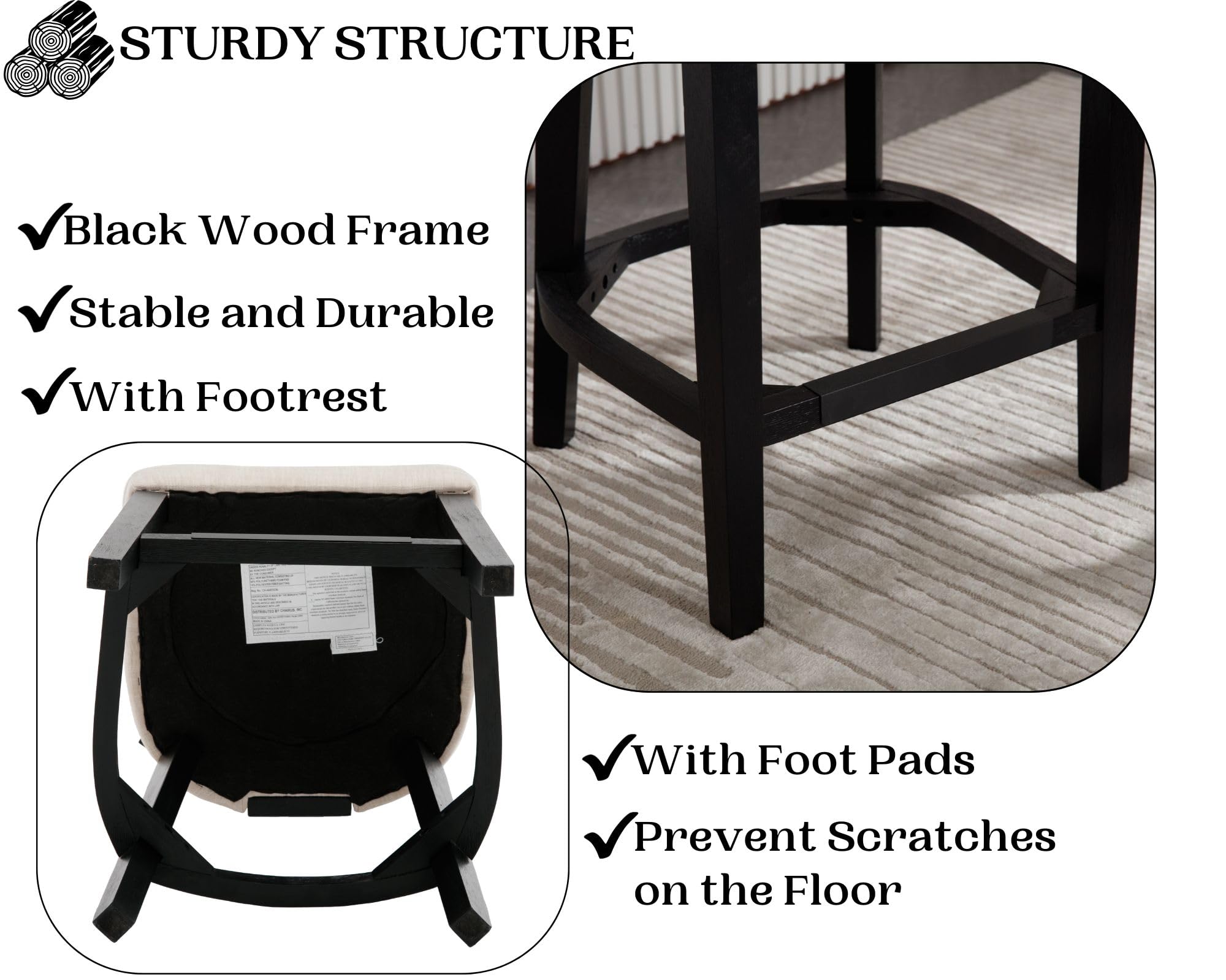 Farmhouse 30'' Extra Tall Bar Stools Set of 2 Modern Counter Height Barstools with Backs Rustic Wood Bar Stools Linen Upholstered Counter Chairs Kitchen Island Stool Chairs with Wood Frame, Beige