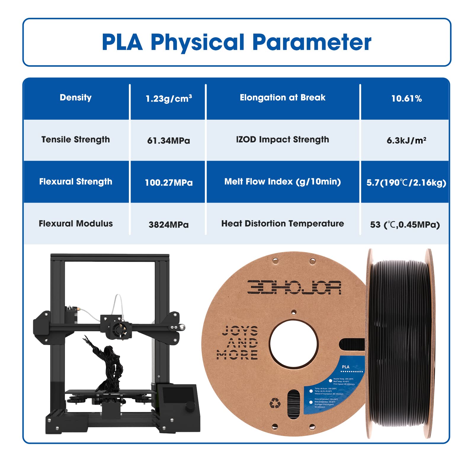 3DHoJor PLA Filament 1.75mm,3D Printing Filament,1kg*2 Cardboard Spool, Fit Most FDM 3D Printer,Dimensional Accuracy +/- 0.03 mm,Vacuum Packaging-2Pack Black