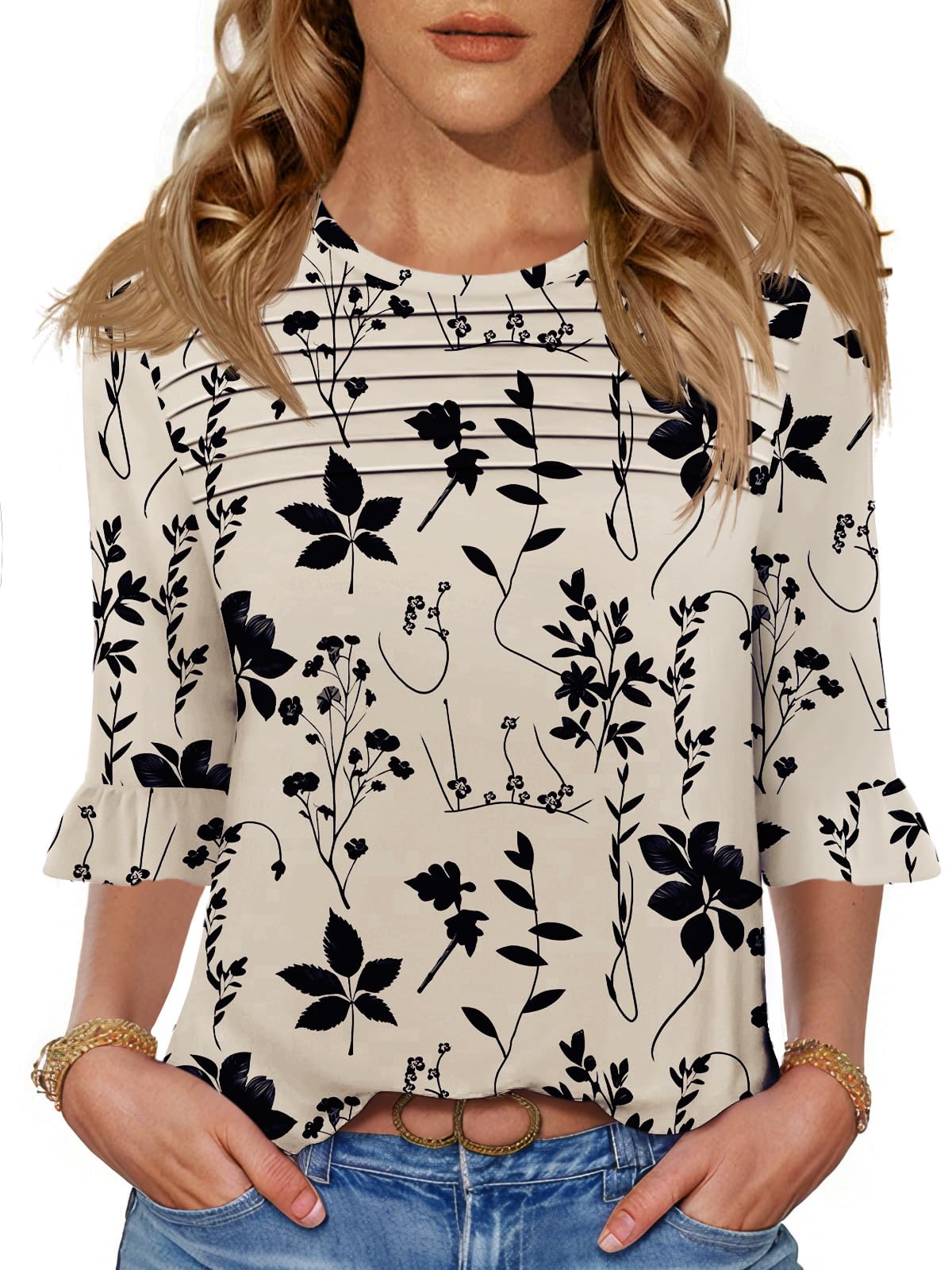Blingfit Womens Tops 3/4 Length Sleeve Dressy Casual Shirts Bell Sleeve Front Pleated Fasion Trendy Summer Blouses 2026