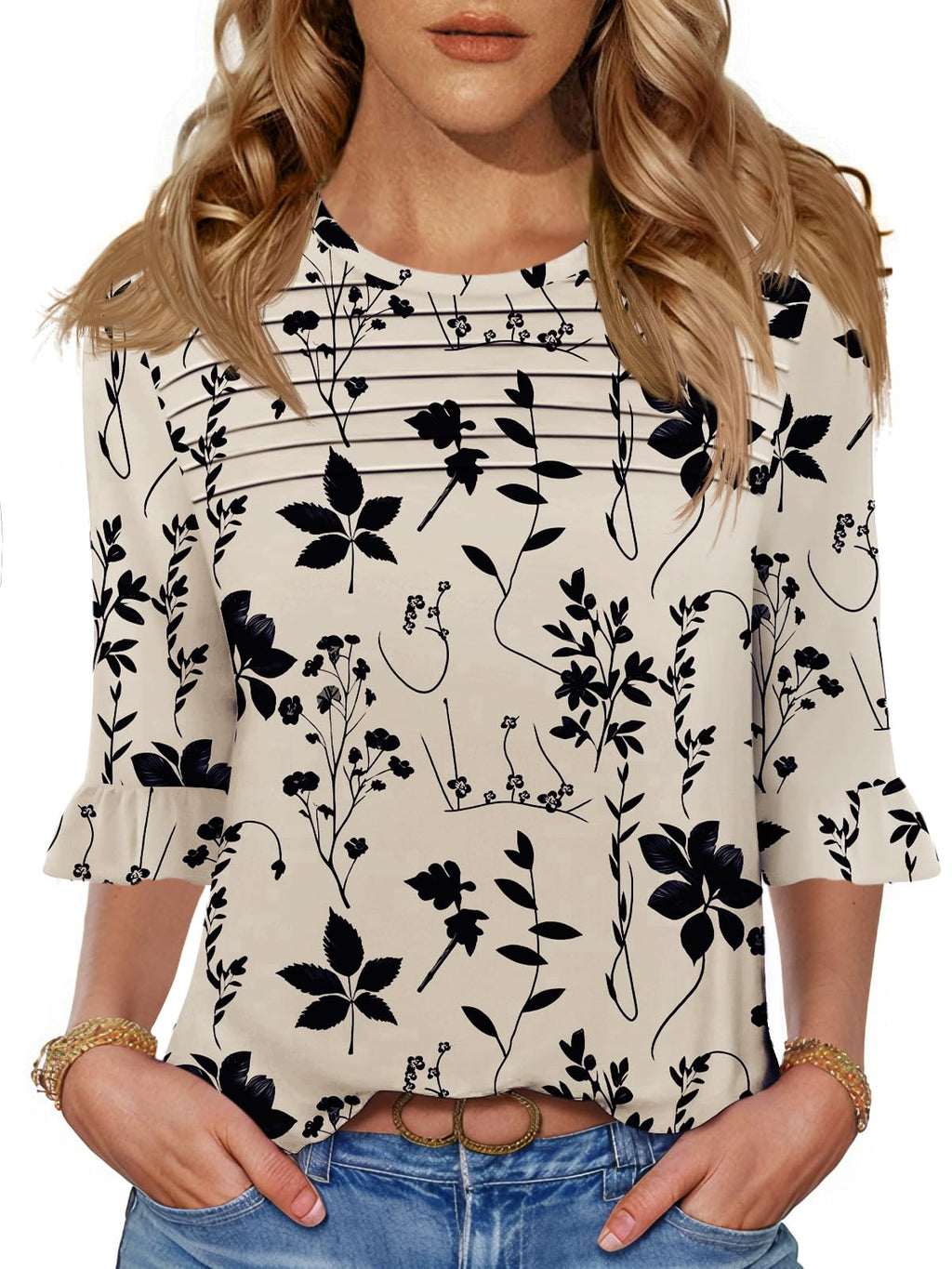 Blingfit Womens Tops 3/4 Length Sleeve Dressy Casual Shirts Bell Sleeve Front Pleated Fasion Trendy Summer Blouses 2026