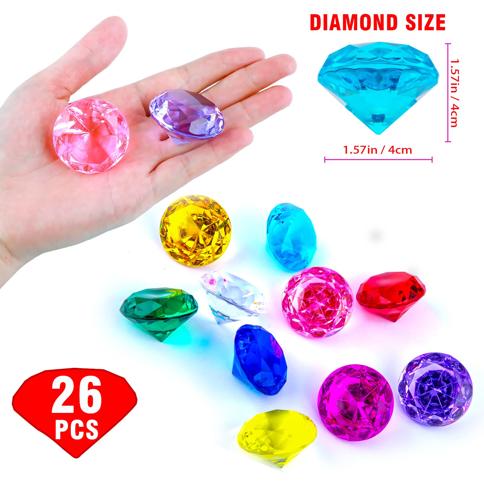 Niceup 26PCS Blue Fake Diamonds Gem Toys, 1.5in Pool Diving Gems Acrylic Plastic Gemstones for Kids, Party Décor Jewels Treasure Hunt Hiding Sensory Bin Filler Toys Craft Supplies