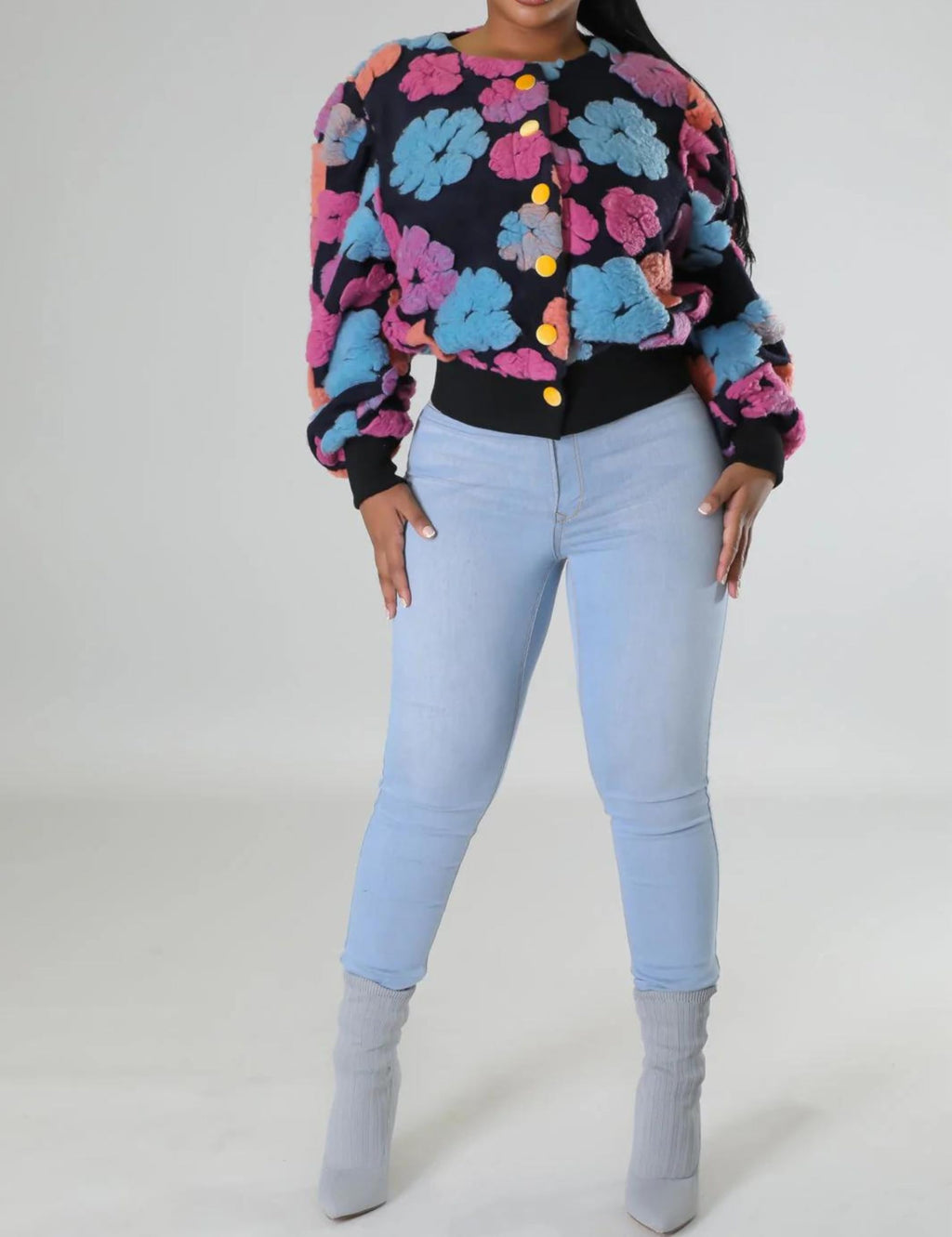 Womens Cropped Floral Print Jacket Warm Fleece Bomber Jacket Casual Button Down Coats Fall Puff Outerwears