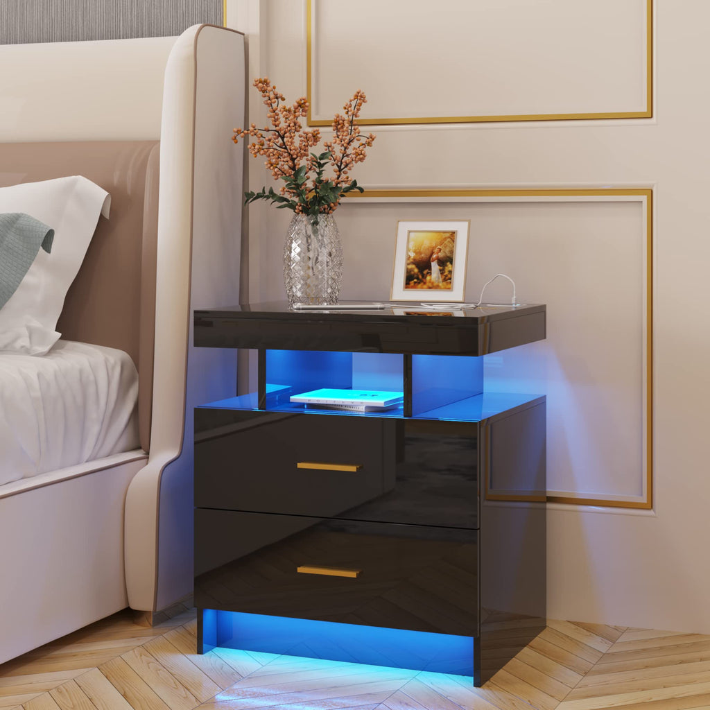 HNEBC LED Nightstand with Charging Station,Smart Bedside Table with Motion Sensor Lights,3 Drawers,Tempered Glass Top,High Gloss End Table with 3 Color Lights for Bedroom, Living Room,Office-Black
