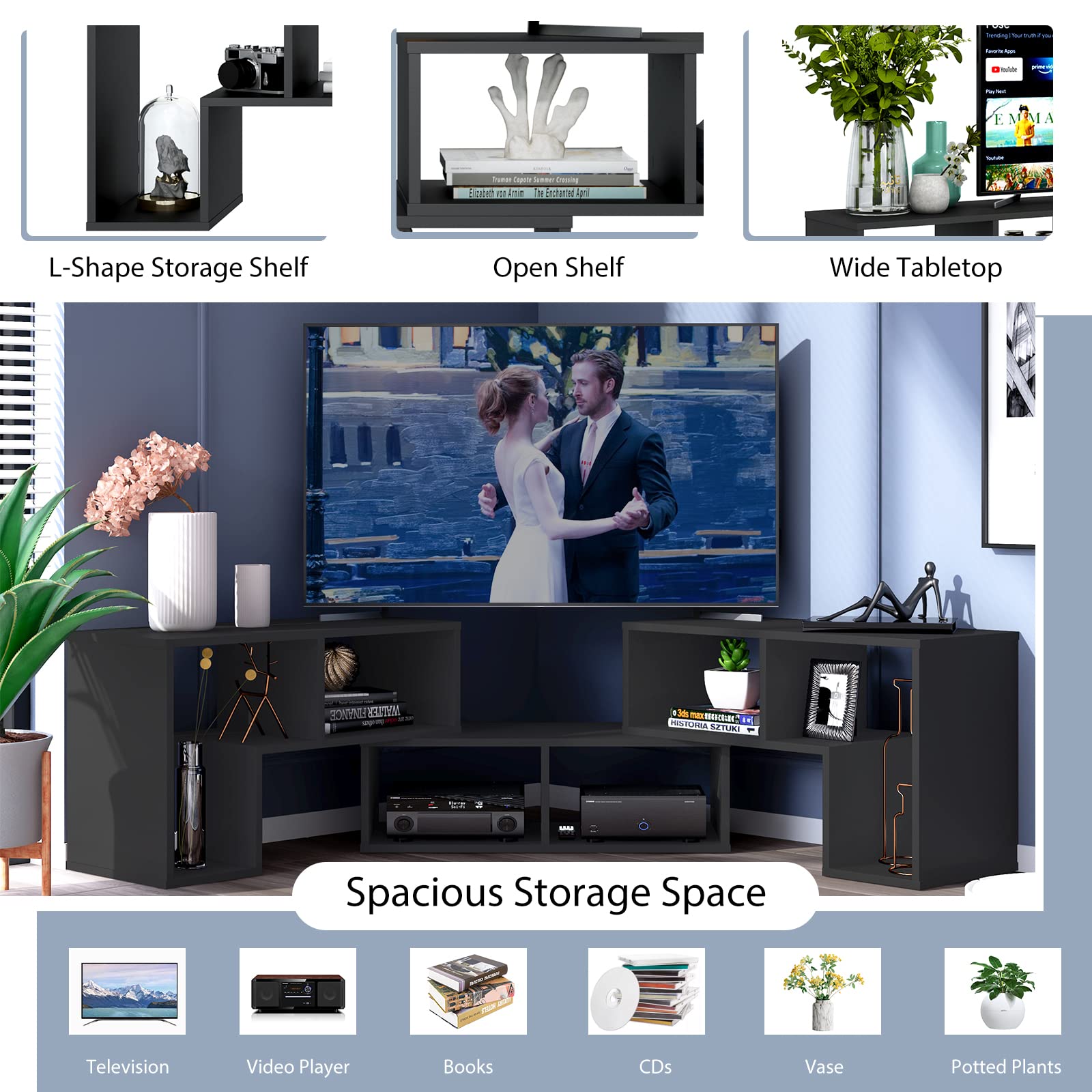Tangkula 3 Pieces Console TV Stand, Free-Combination Entertainment Center for 50 55 60 65 Inch TV, Minimalist Modern TV Media Stand, DIY Open Storage Bookcase Shelf for Living Room (Black)