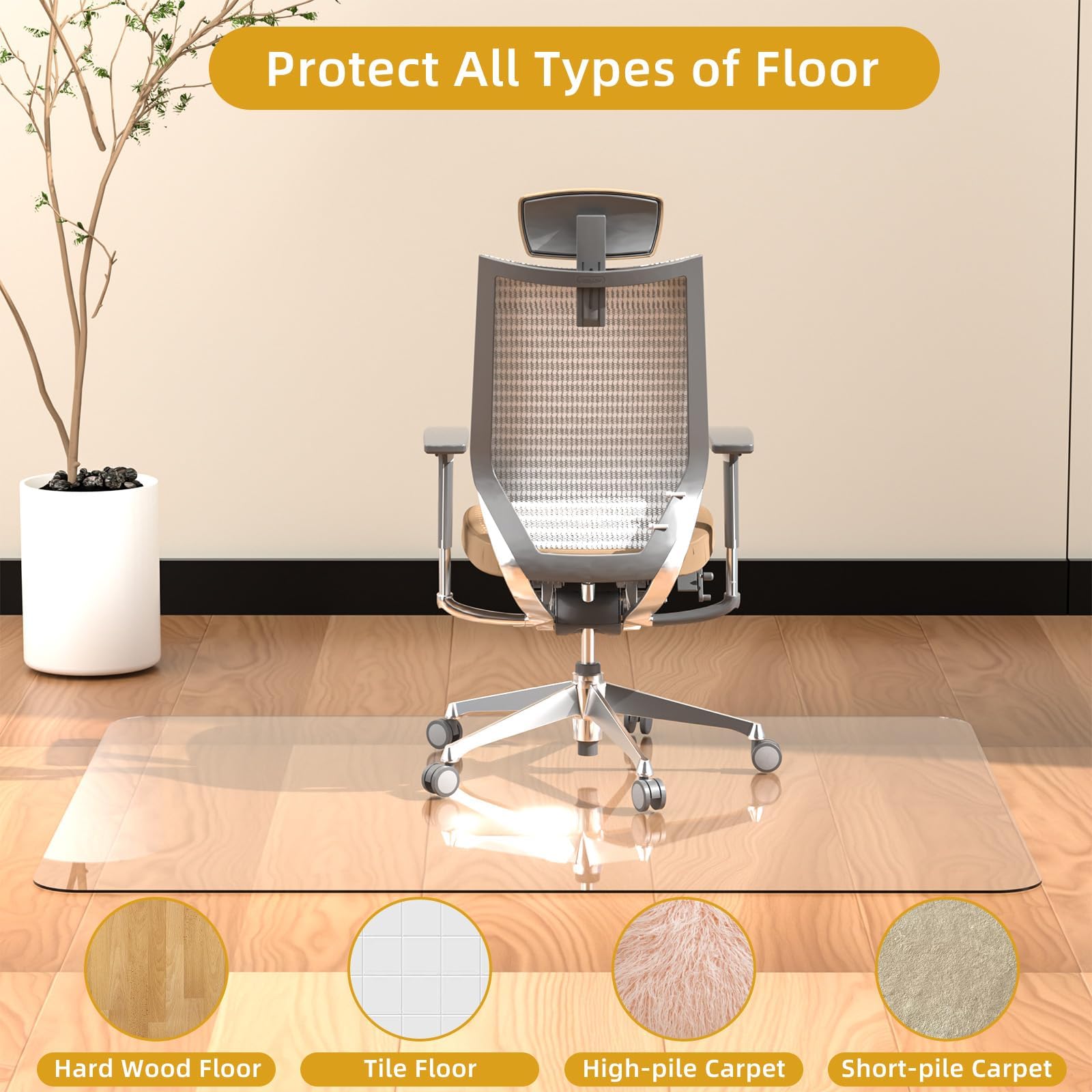 Tempered Glass Chair Mat 48" x 32",1/5" Thick for Office Desk,Rolling Chair Mat for Carpet, Odorless, Easy to Clean with 4 Non-Slip Pads for Carpet & Hardwood Floors