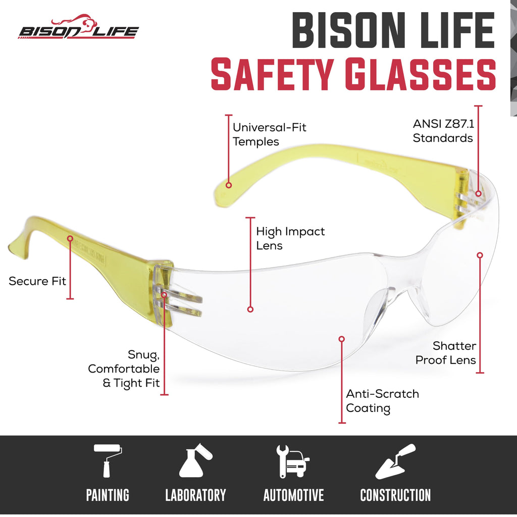 BISON LIFE Clear Safety Glasses – ANSI Z87.1 Certified Scratch & Impact Resistant Eye Protection Goggles for Men & Women