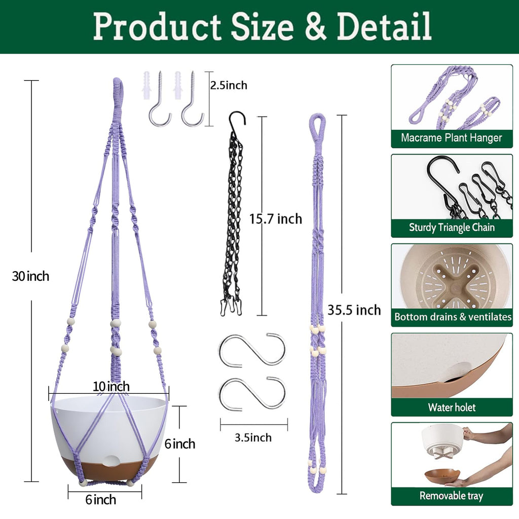 Koalaime Hanging Planter Self Watering 10 Inch, 2 Pack Indoor Outdoor Hanging Baskets, Hanging Flower Pots with Drainage Hole & 2 Kinds of Plant Hangers for Garden Home Decor(Green)…