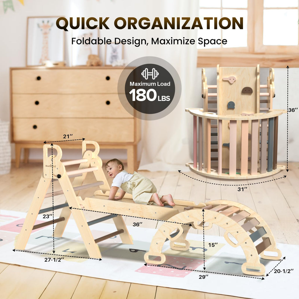 BlueWood Pikler Triangle Set with Safe Handle, Foldable 7-in-1 Montessori Toddler Climbing Toys Indoor, Wooden Pickler Climbing Set, Baby Jungle Gym & Playground, Climbing Toys for 1-3 Year, Colorful