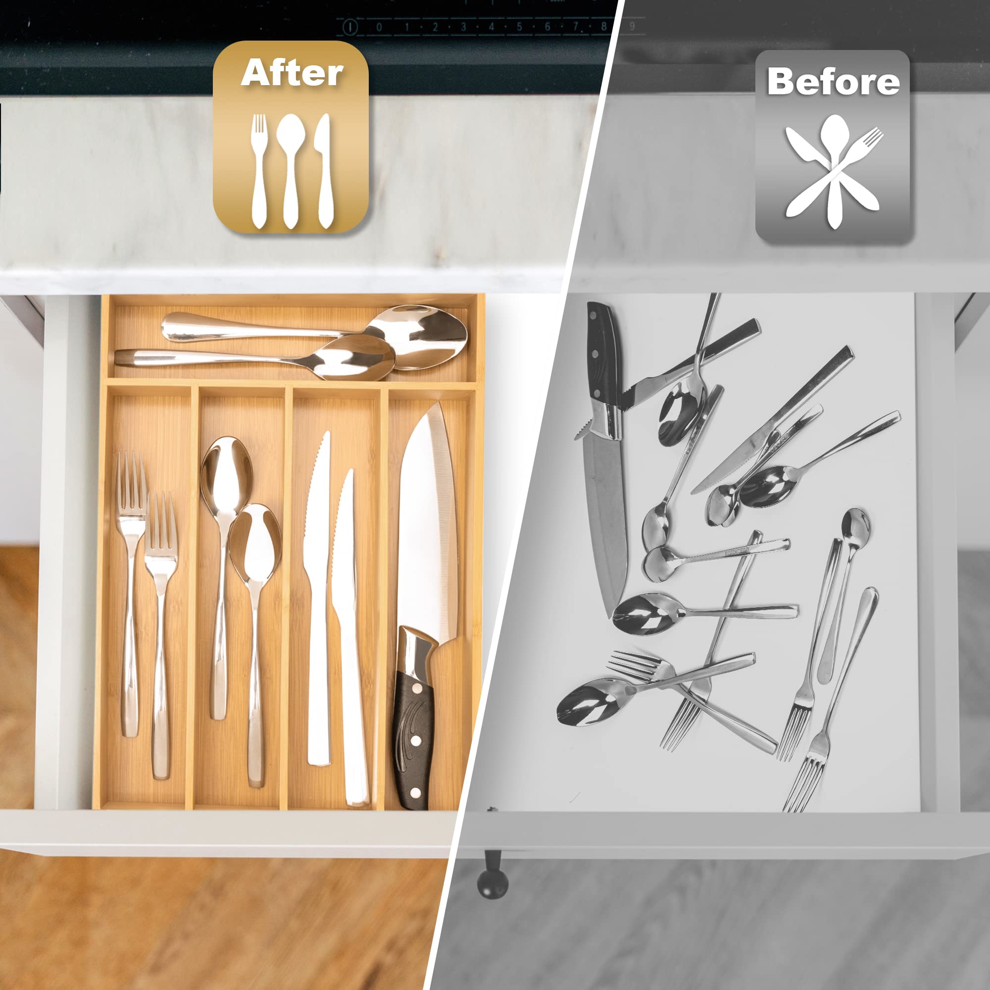 Acacia 4 Slot Silverware Drawer Organizer - Cutlery Holder with Flatware Tray