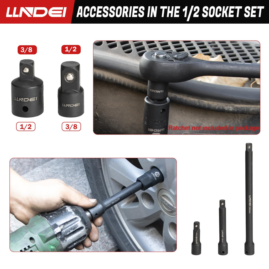 LLNDEI 1/2 inch Drive Deep Impact Socket Set, 37 Piece Standard SAE 3/8" to 1-1/4" | Metric 8 to 24mm, Includes Spark Plug Socket (16, 21mm), CR-MO Universal Joint, Extension Bars and Adapter