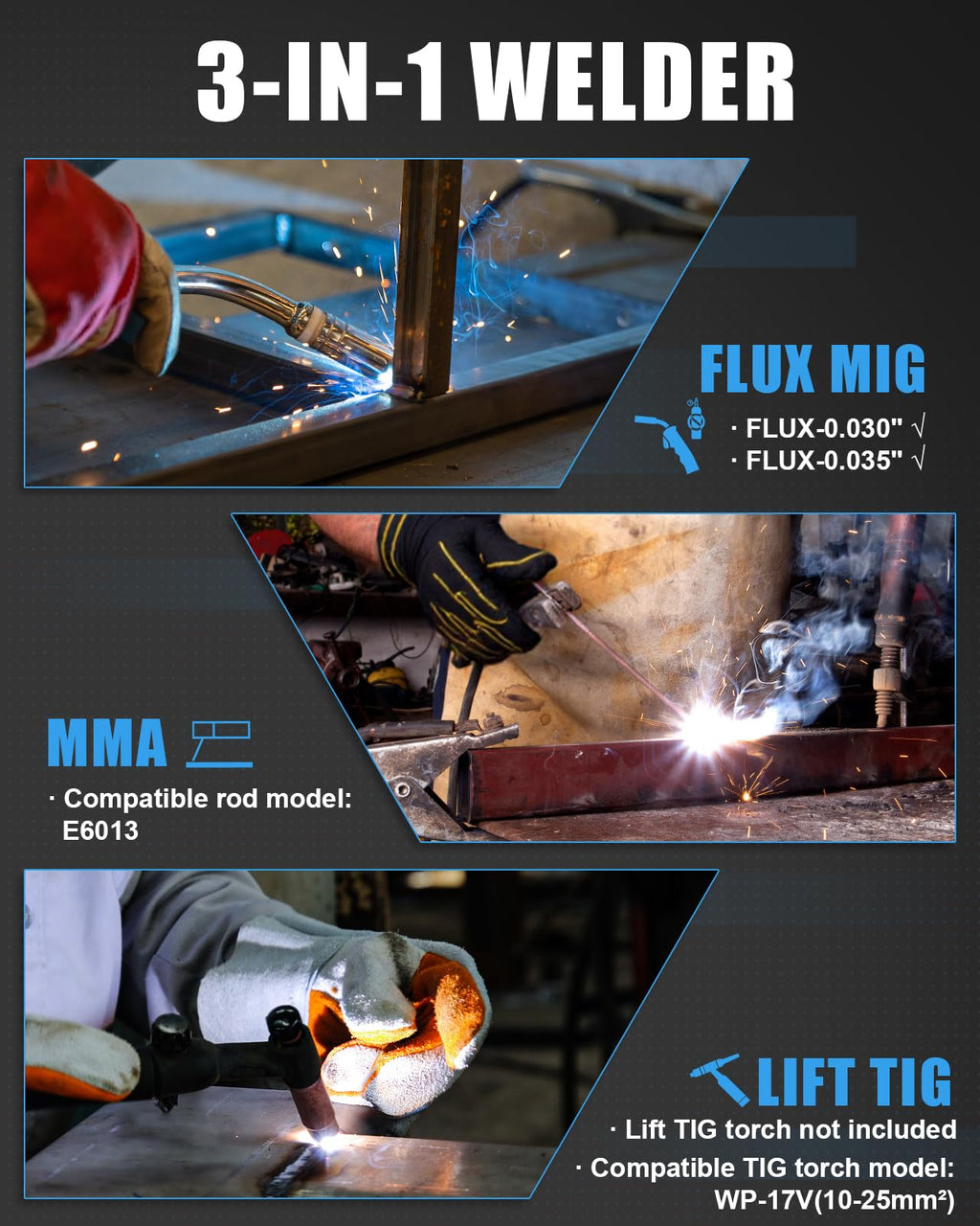 AZZUNO MIG Welder Machine 110V/220V, 155Amp 5-in-1 Gas MIG/Aluminum MIG/Gasless Flux MIG/Lift TIG/Stick Welding Machine, Wire Feed Welder