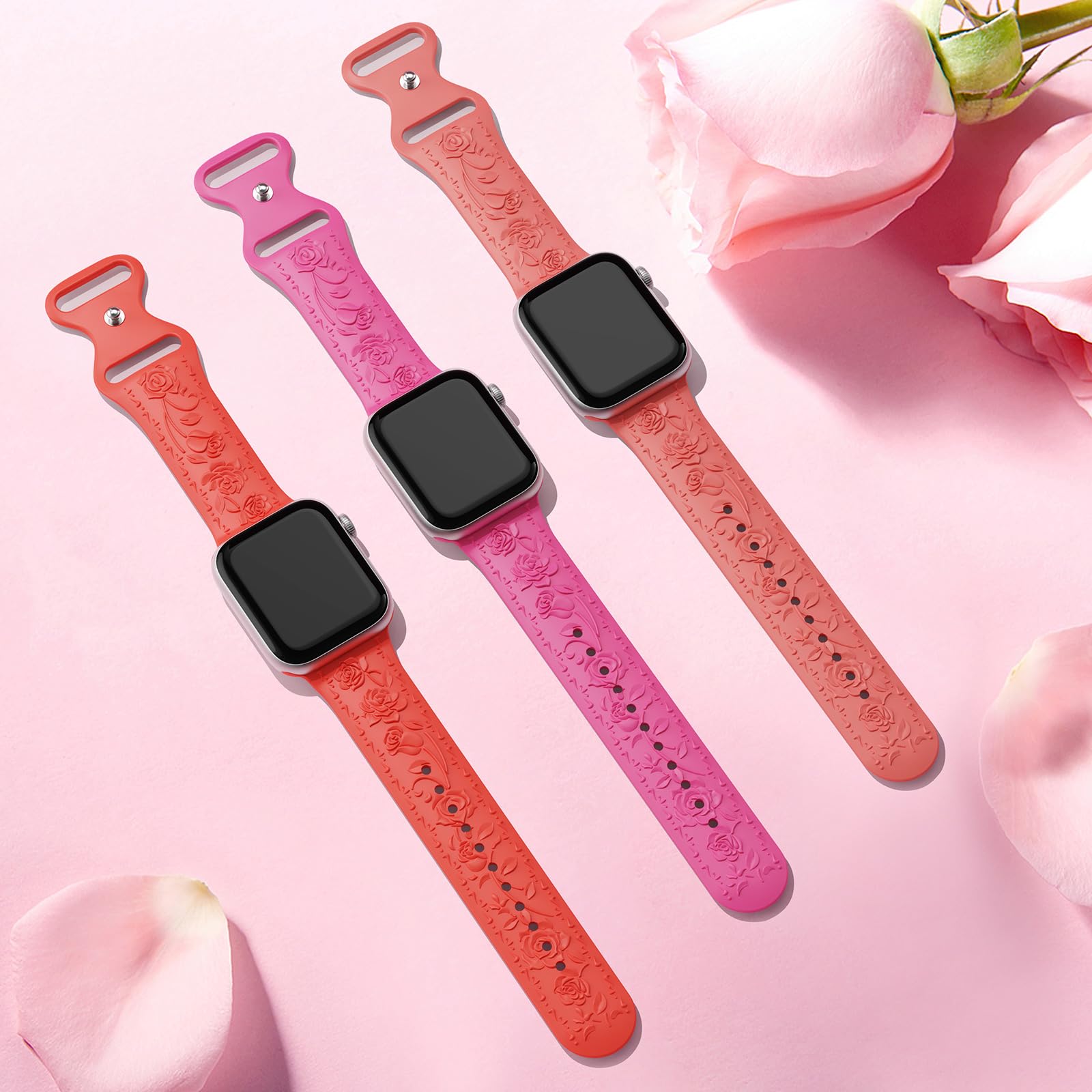 Floral Engraved Band Compatible with Apple Watch Band 40mm 41mm 38mm 42mm 44mm 45mm 46mm 49mm Women, Soft Silicone Cute Embossed Flower Strap for iWatch Band Series SE Ultra 11 10 9 8 7 6 5 4 3 2 1