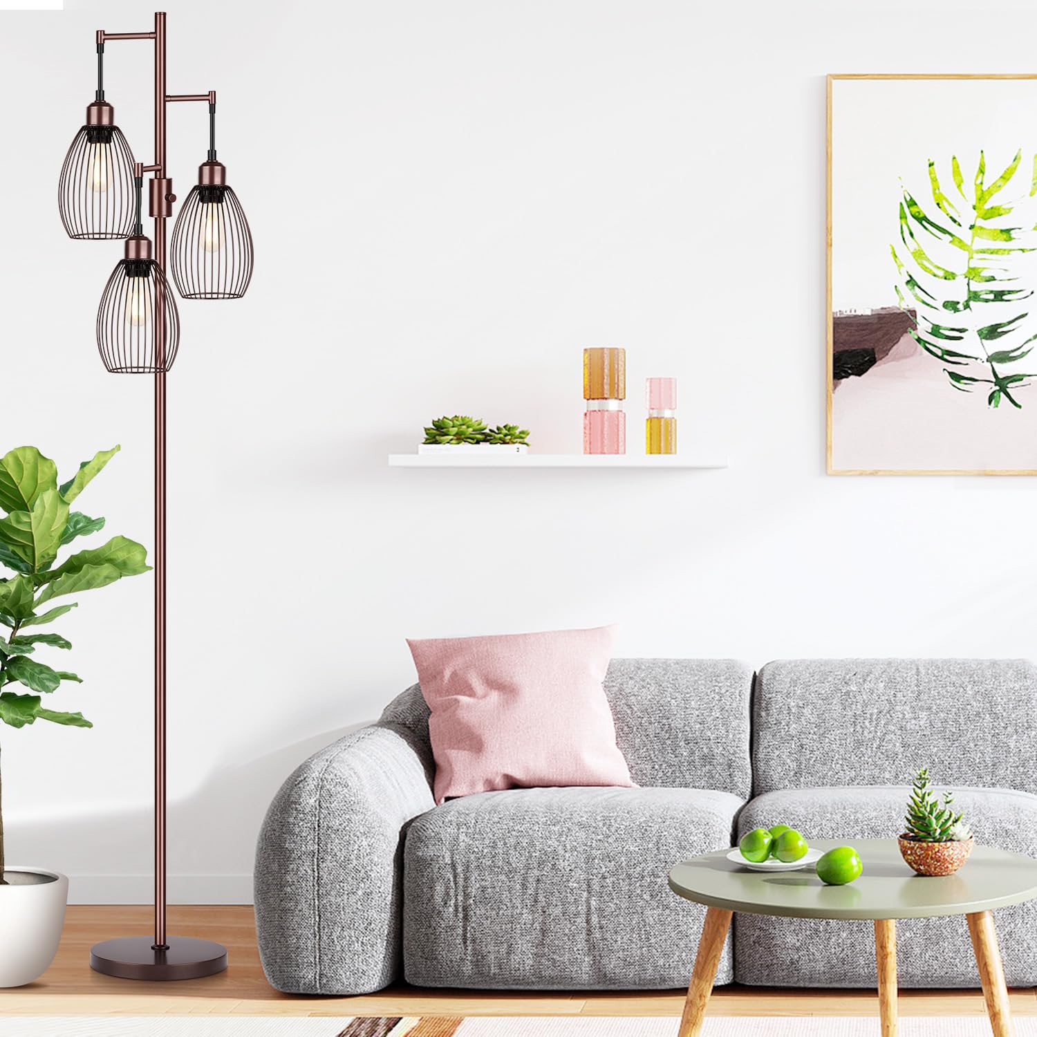 Dimmable Floor Lamp, 3 x 800LM LED Edison Bulbs Included, Farmhouse Industrial Floor Lamp Standing Tree Lamp with Elegant Teardrop Cage Tall Lamps for Living Room Bedroom Office Dining Room-Brass