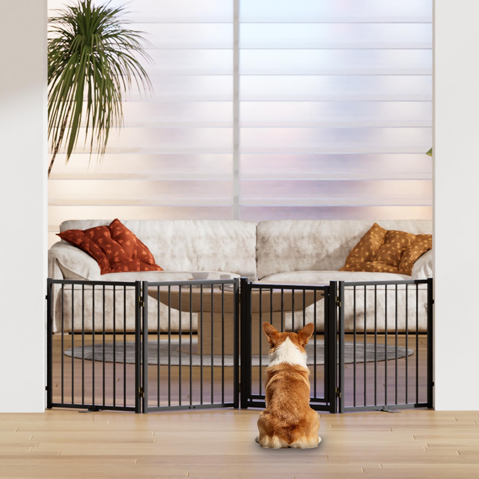 SNUOWU Full Metal Freestanding Dog Gate with Door, 24'' Height Foldable Pet Dog Fence for Indoor & Outdoor, 2 Panels Extra Wide Free Standing SmallDog Gates for Doorways,House,Stairs,Porch,Deck,Yard