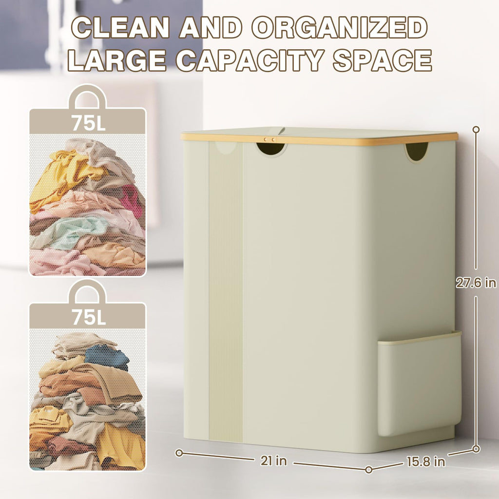 BlissTotes Laundry Basket with Lid, 100L Clothes Laundry Hamper with Handles and Removable Laundry Bag, Breathable Design Hamper with Lid for Bedroom, Bathroom, Dorm, Laundry Room - Beige
