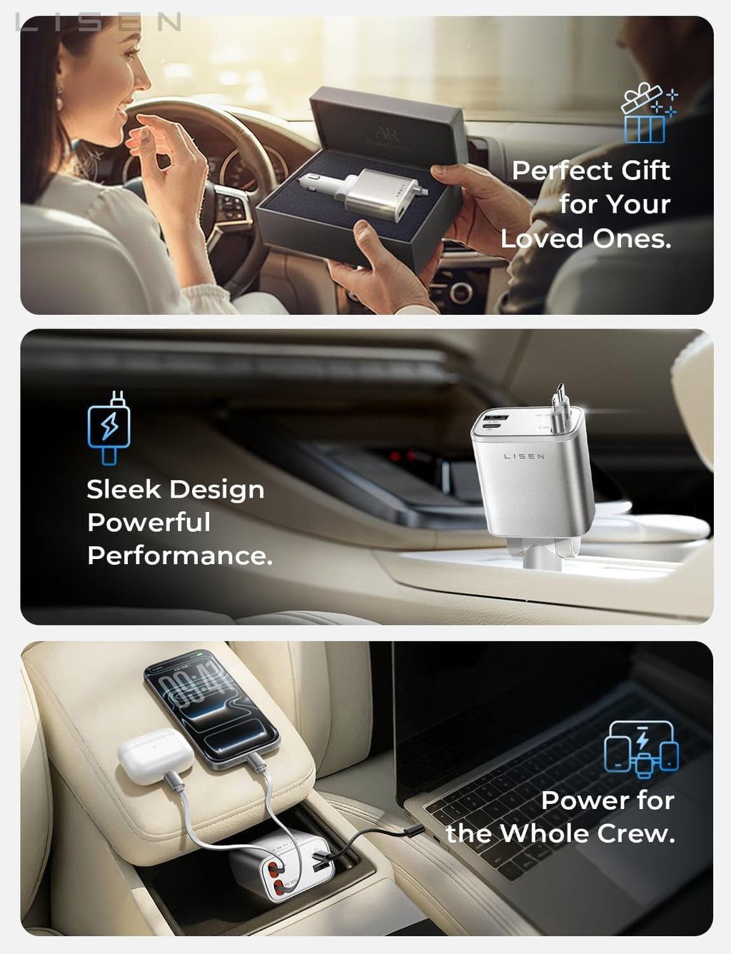 LISEN Retractable Car Charger, 84W Car Charger USB C Fast Charger Adapter for iPhone, Car Accessories for Men Women, Birthday Gifts for Fathers Day for Men Dad Husband, for iPhone 17 16 15 14 13 12 11