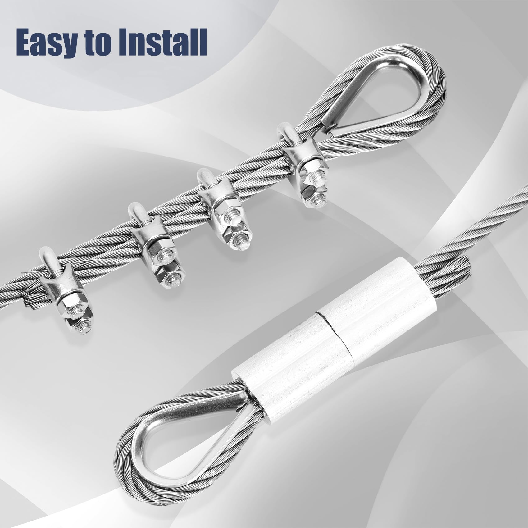 Thickened 3/16" 25ft Stainless Steel Cable with Wire Rope Clip, Thimble and Aluminum Crimping Loop Sleeve, 7X19 Strands Aircraft Cable, 3700lbs Breaking Strength for Deck Railing, String Lights