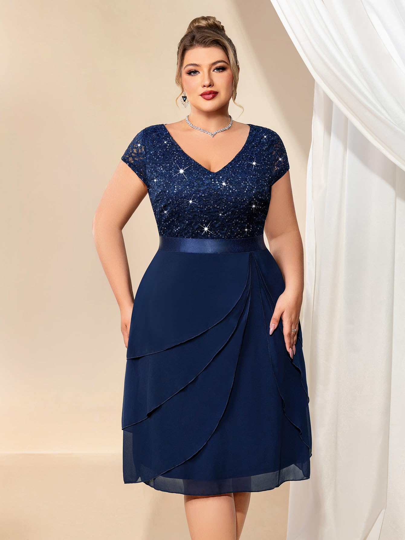 Miusol Women's Plus Size Sequin Lace V Neck Ruffle Tiered Chiffon Cocktail Party Dress