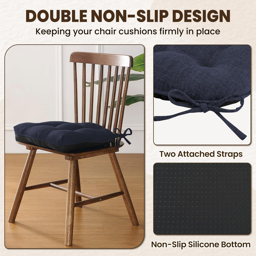 downluxe Indoor Chair Cushions for Dining Chairs, Tufted Overstuffed Textured Kitchen Chair Pads with Ties and Non-Slip Backing, 15.5" x 15.5" x 4", Aqua Blue, 4 Pack