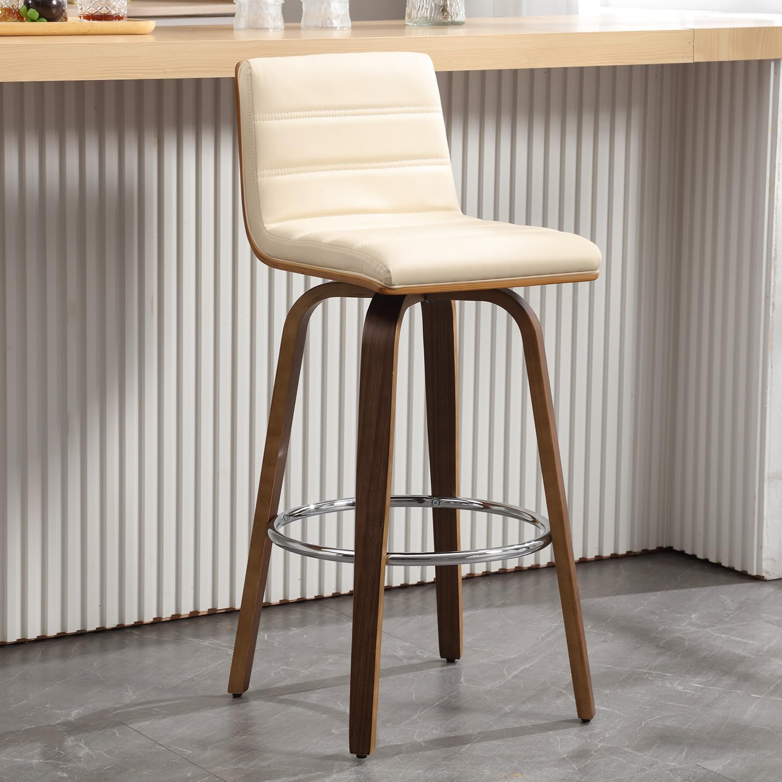 Bar Stools 29 Inch Bar Height, Swivel Bar Stools with Backs Upholstered PU Leather Barstool, L Shape Back and Padded Seat, Mid-Century Modern Bar Stool Pub Chairs for Kitchen Counter Island, Black