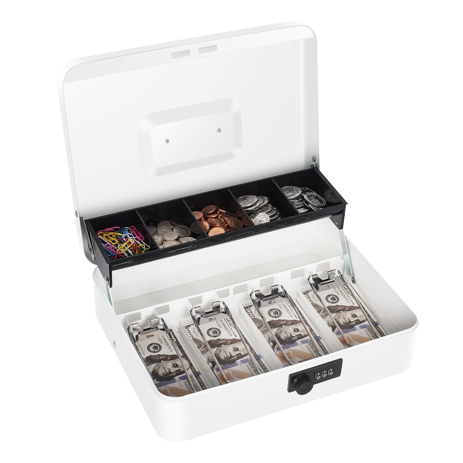 Cash Box with Money Tray and Key Lock, Saving Lock Box with Money Tray Storage for Cash Register 11.8"x9.45"x3.54" Black XL Large