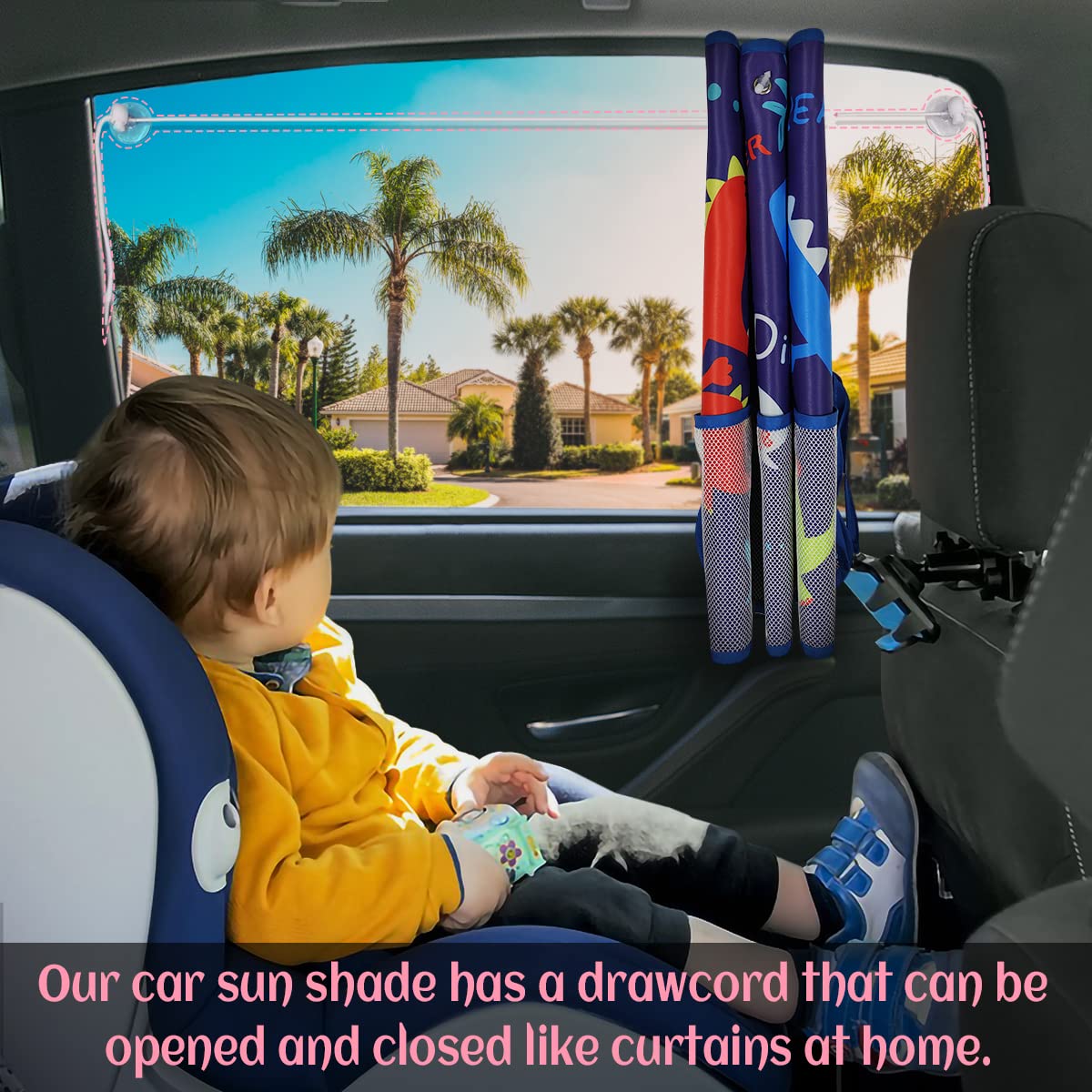 Car Sun Shade Side Window, 2 Pcs Blackout Car Window Shade for Baby Privacy with Storage Net Pockets Auto Curtains 7 Suction Cups for Heat/UV Protection Sun Block Covers