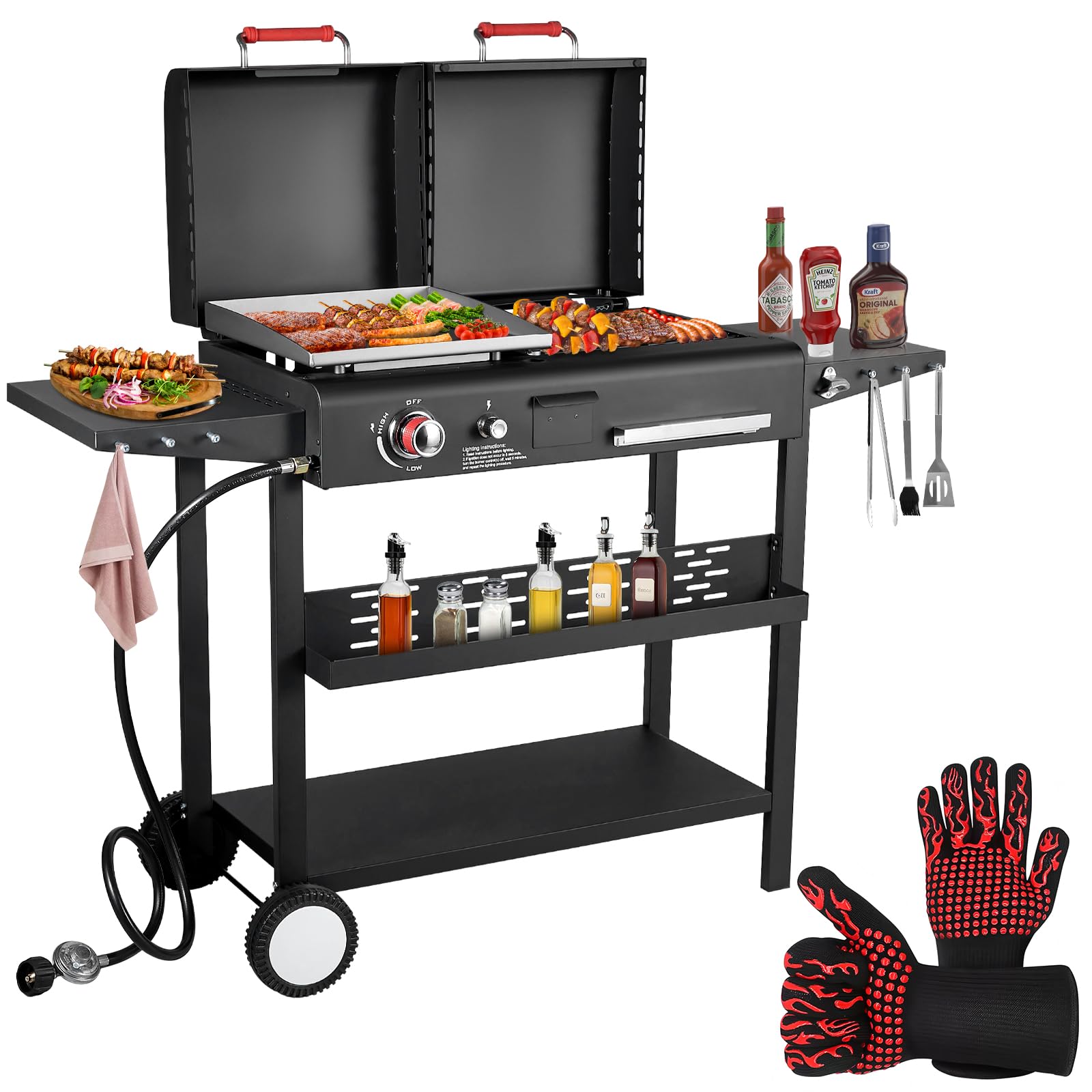 BESTFIRE Foldable Flat Top Grill, Outdoor Griddle-3 Burner Propane Griddle with Two Foldable Shelves,36" Flat Grills Outdoor-45,000 BTU Gas Grill for BBQ& Outdoor Cooking,Black
