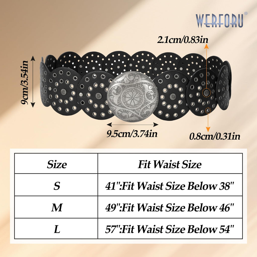 WERFORU Women Vintage Leather Belt Western Disc Waist Belts Ladies Western Belt Boho Belt for Dress Jean-