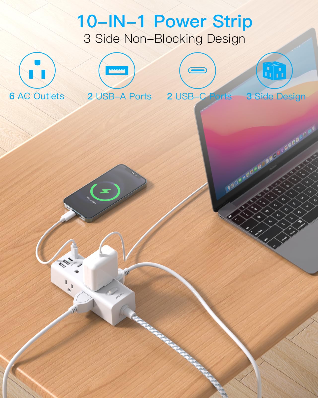 One Beat Short Extension Cord 1Ft, Flat Plug Power Strip Surge Protector - 6 Widely Outlets with 4 USB Ports (2 USB C), Wall Mount Small Power Strip for Travel, Home Office College Dorm Essentials