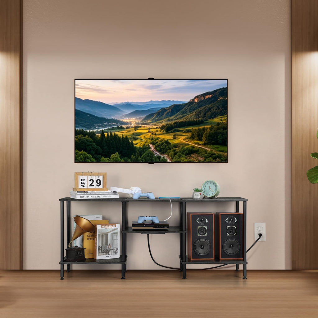 OYEAL Black Bedroom TV Stand with Power Outlets up to 50 inch TV, Small Entertainment Center Stand with Storage Modern Media TV Console Table for Living Room Bedroom