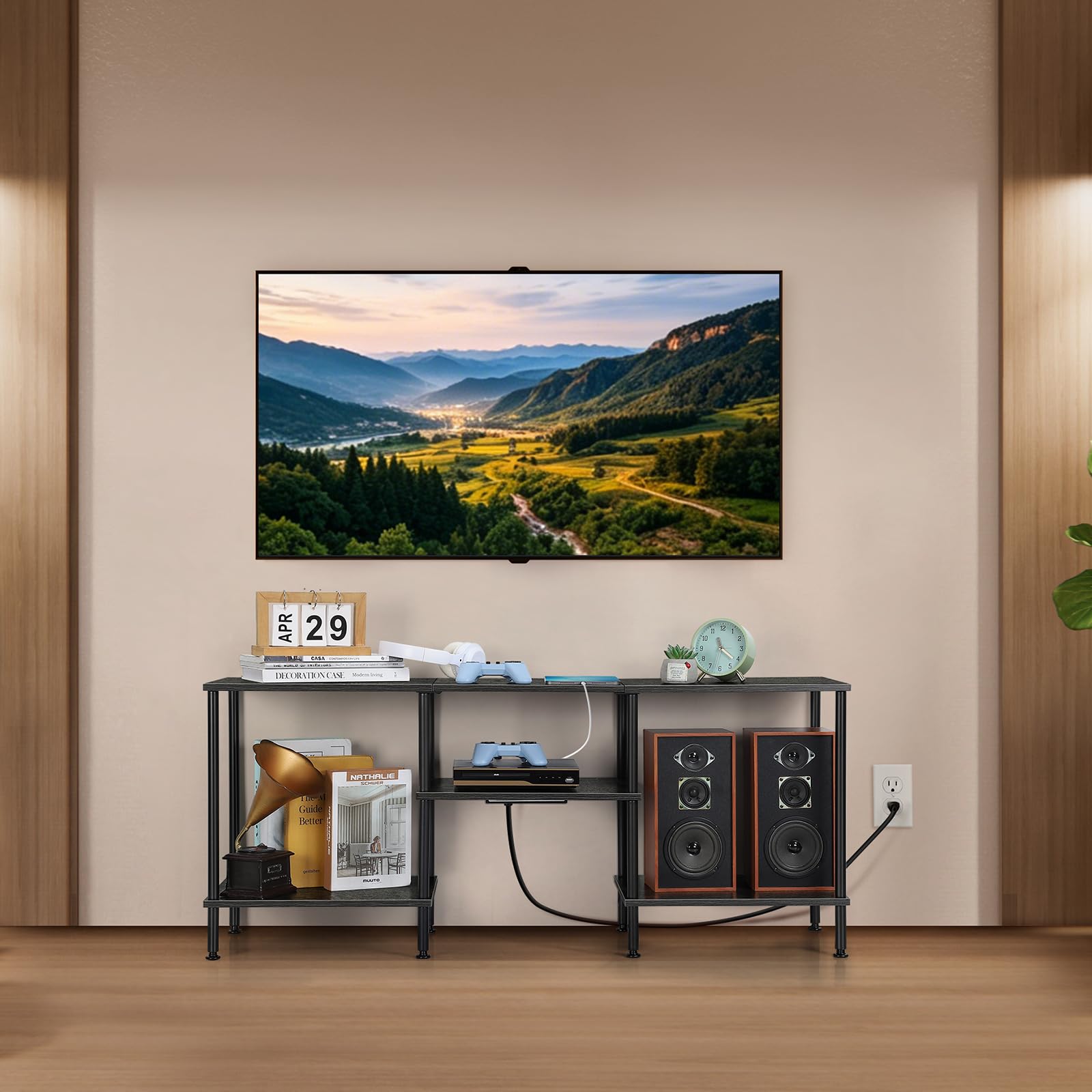 OYEAL Black Bedroom TV Stand with Power Outlets up to 50 inch TV, Small Entertainment Center Stand with Storage Modern Media TV Console Table for Living Room Bedroom