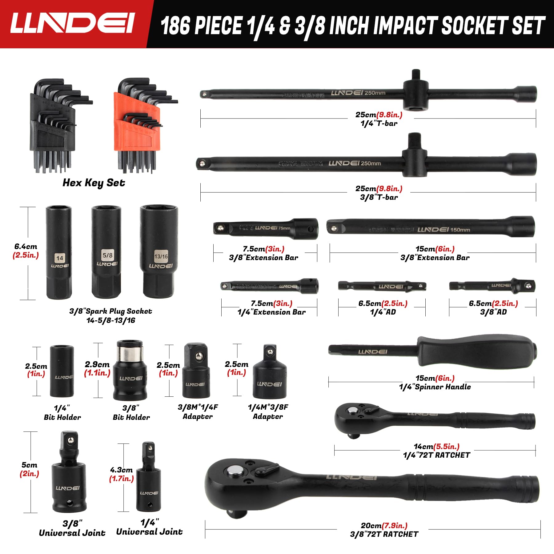 LLNDEI 1/2 inch Drive Deep Impact Socket Set, 37 Piece Standard SAE 3/8" to 1-1/4" | Metric 8 to 24mm, Includes Spark Plug Socket (16, 21mm), CR-MO Universal Joint, Extension Bars and Adapter