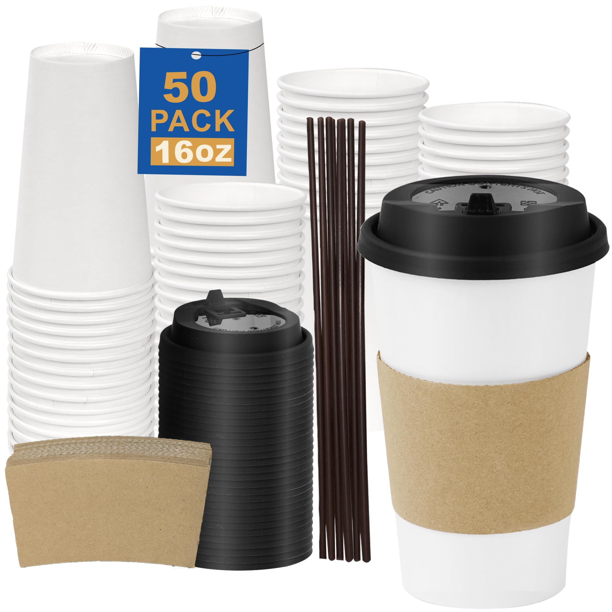 16 oz 100 Pack Corrugated Ripple Wall Disposable Coffee Cups with Lids and Straws, Heavy Duty Insulated Cups for Hot Beverage or Cold Drinks, Bulk for Restaurants, Offices, Coffee Shops(Black)